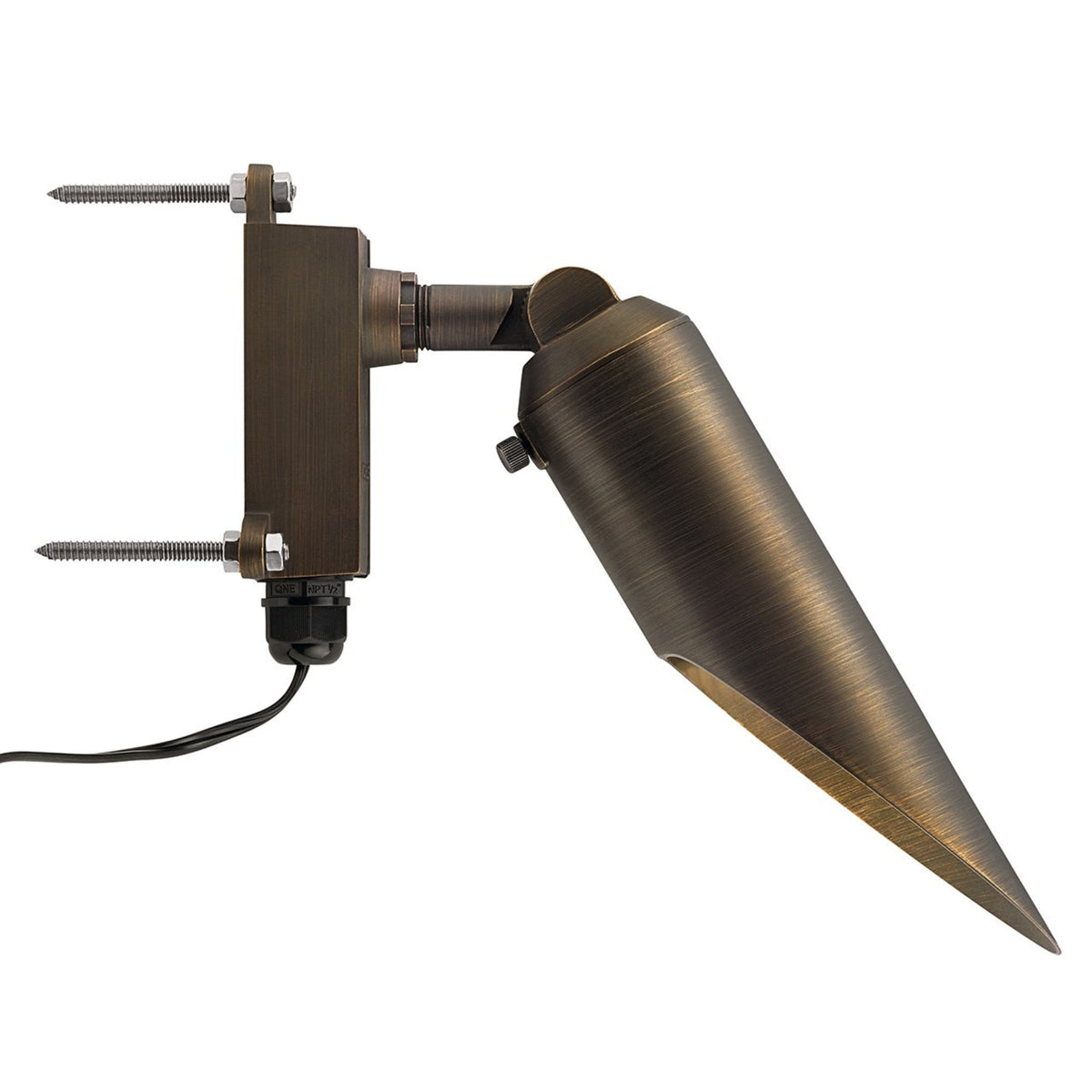 Brass LED retrofit accent light with conical shade, adjustable bracket, mounting plate