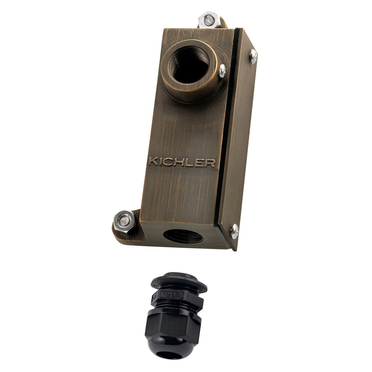 Brass LED retrofit lighting component with mounting plate and black adapter