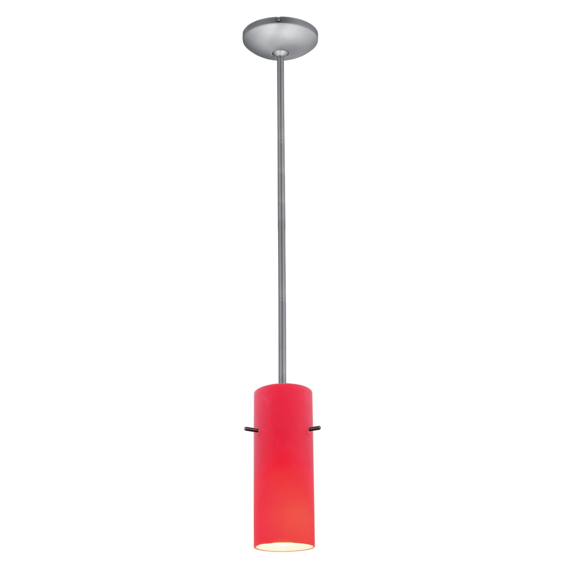 Cylinder 10" LED Pendant, Brushed Steel Finish, Red Diffuser, Rod - Bees Lighting