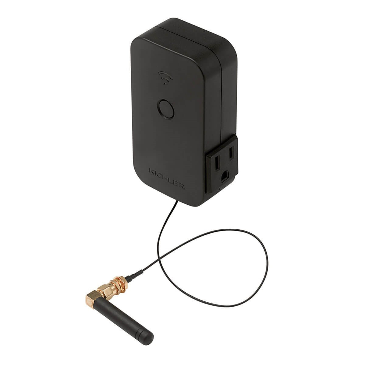 Black lighting control module with button, wireless icon, outlet port, and cable