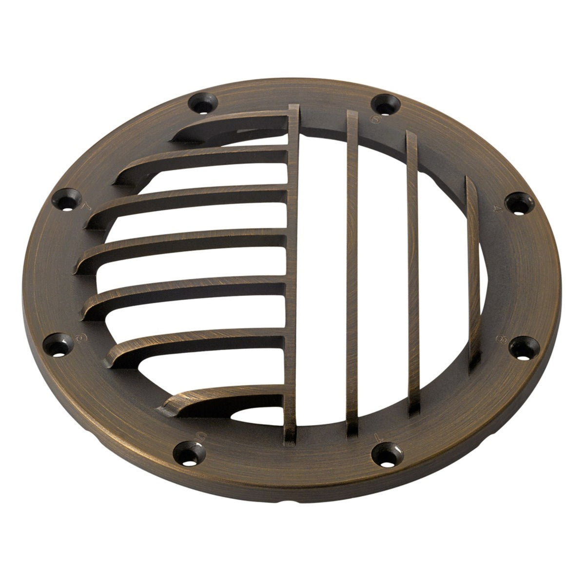 Centennial brass rock guard, round metal grate with radial bars and mounting holes