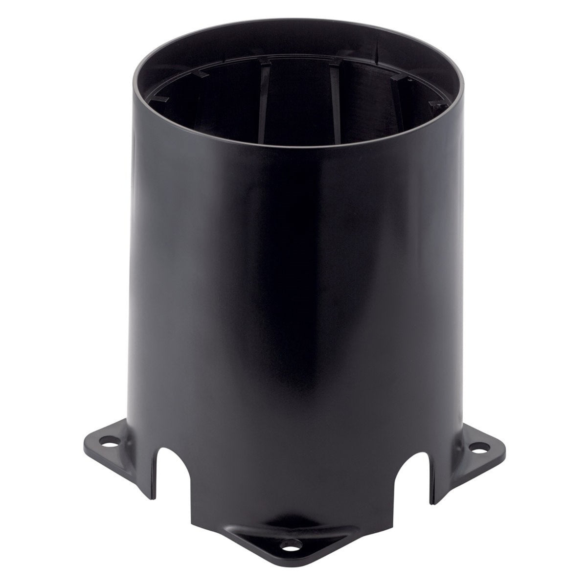 Black lighting fixture mounting housing with open top and side mounting brackets