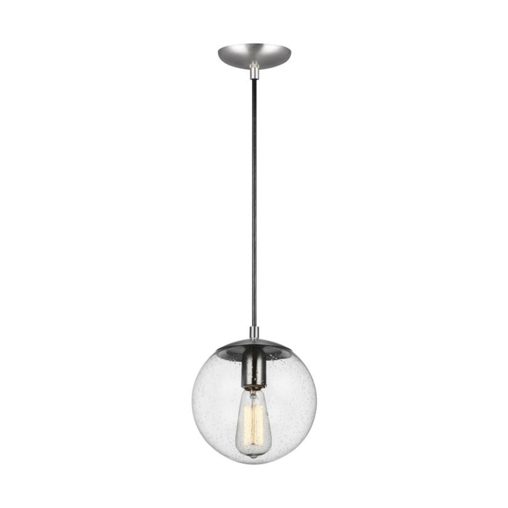 Leo Hanging Globe 8" LED Small Pendant, Satin Aluminum Finish with Clear Seeded Glass - Bees Lighting