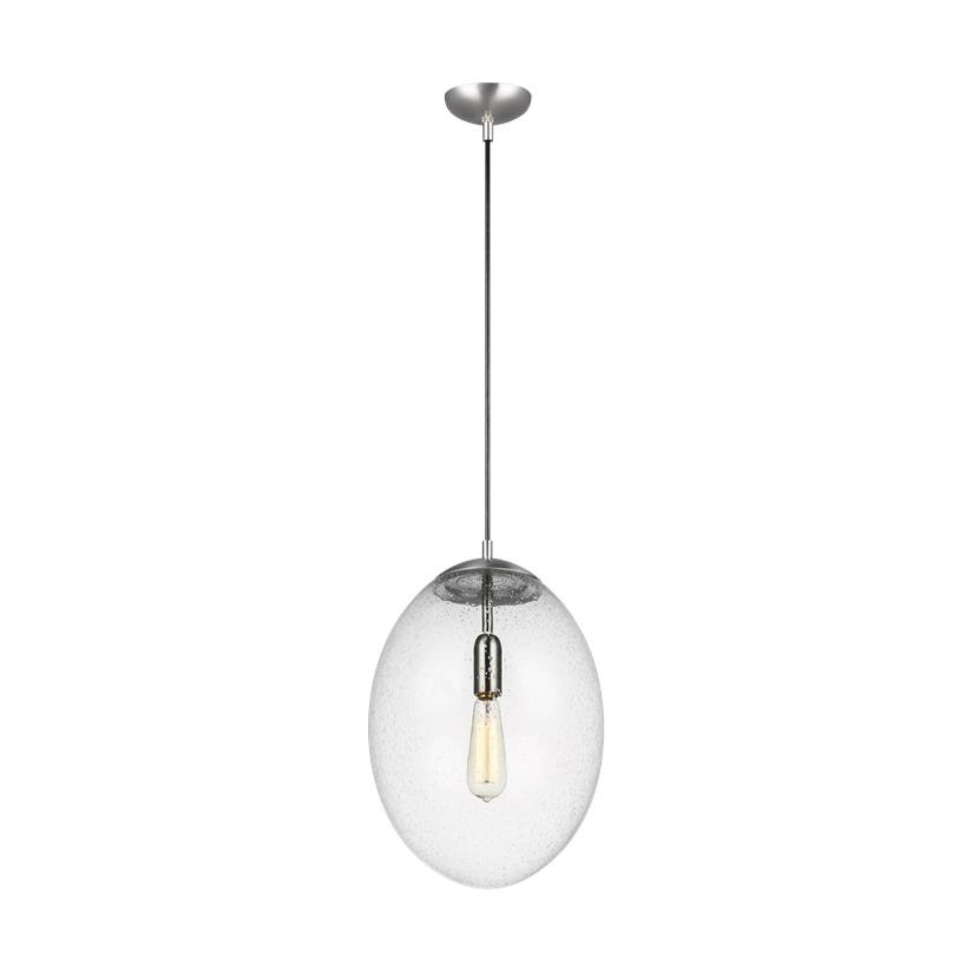 Leo Hanging Globe 14" LED X-Large Pendant, Satin Aluminum Finish with Clear Seeded Glass - Bees Lighting