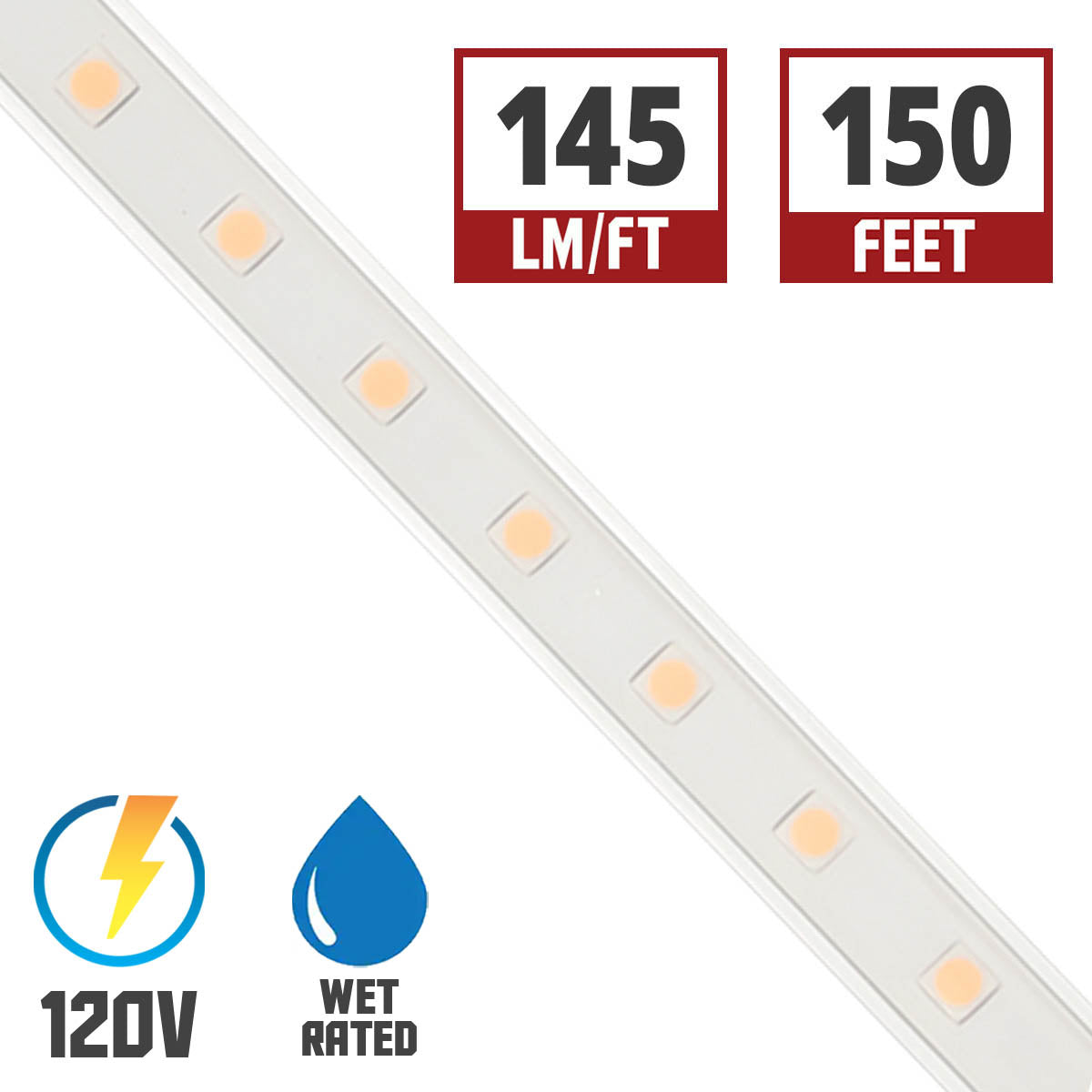 Hybrid 2 150Ft Reel, 120V LED Tape Rope Light, 2700K, 145 Lm/Ft - Bees Lighting