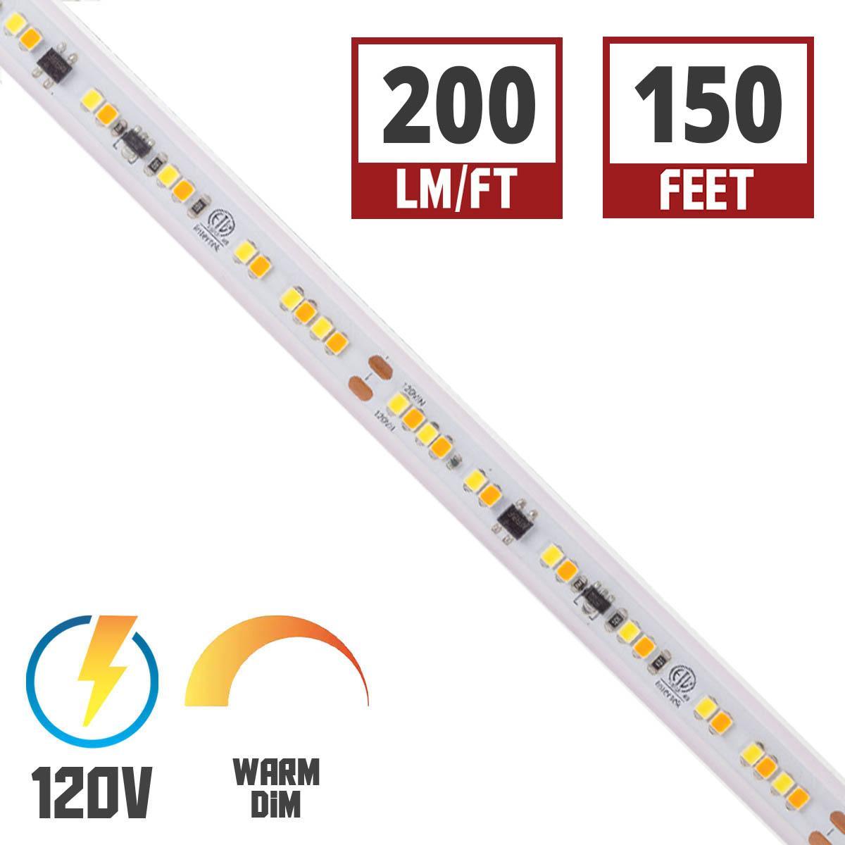 Hybrid 3 120V LED Strip Light, 150Ft Reel, 200 Lumens per Ft, Warm Dim 3000K to 1800K - Bees Lighting