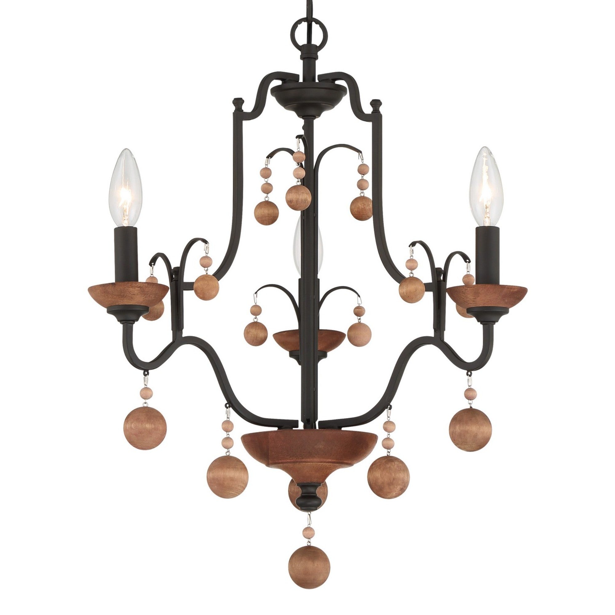 Colonial Charm 21" 3-Light Chandelier, Old World Bronze & Walnut Accents - Bees Lighting