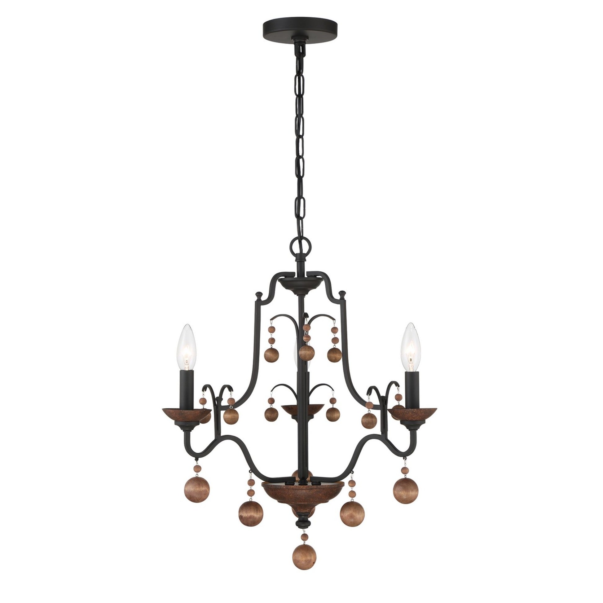 Colonial Charm 21" 3-Light Chandelier, Old World Bronze & Walnut Accents - Bees Lighting