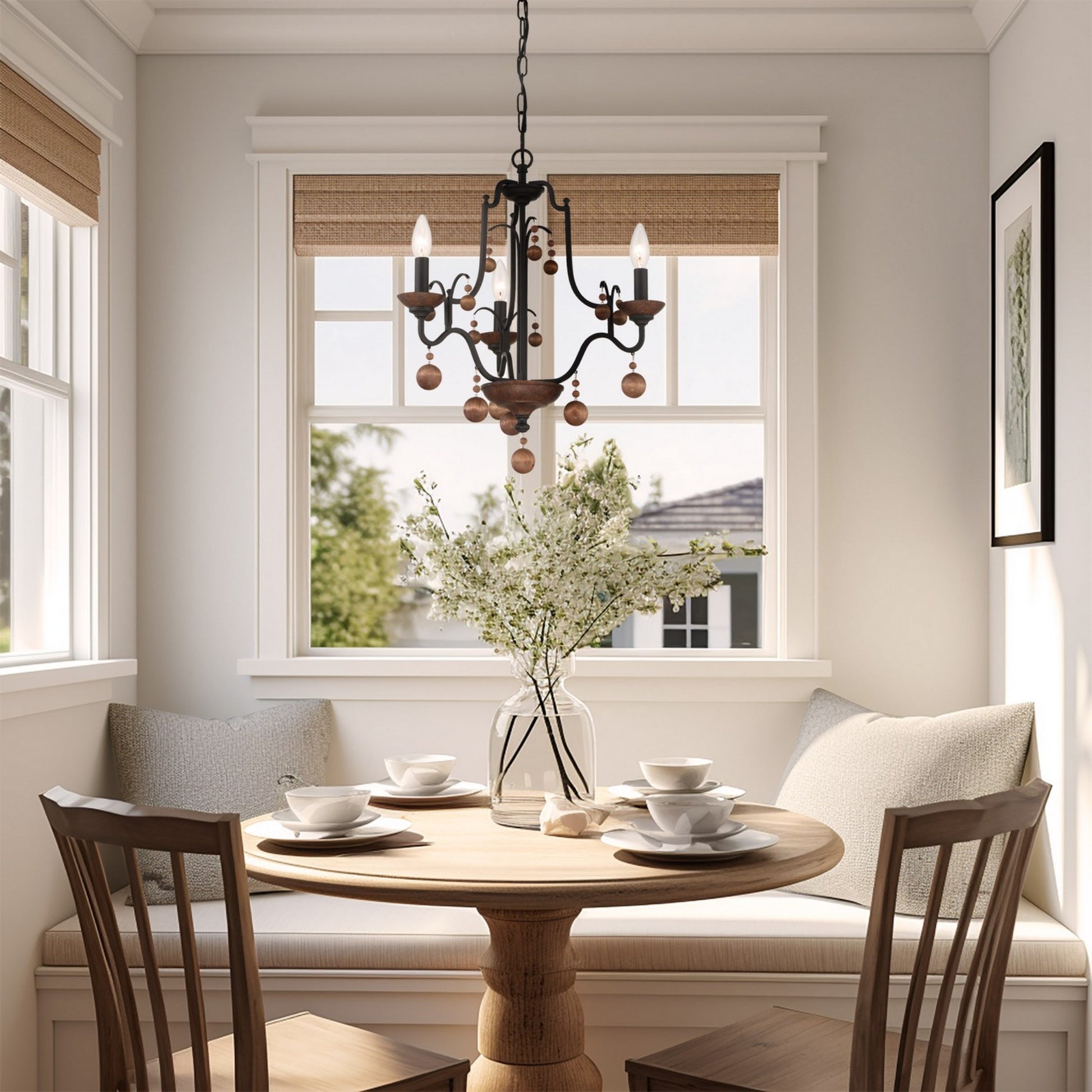 Colonial Charm 21" 3-Light Chandelier, Old World Bronze & Walnut Accents - Bees Lighting