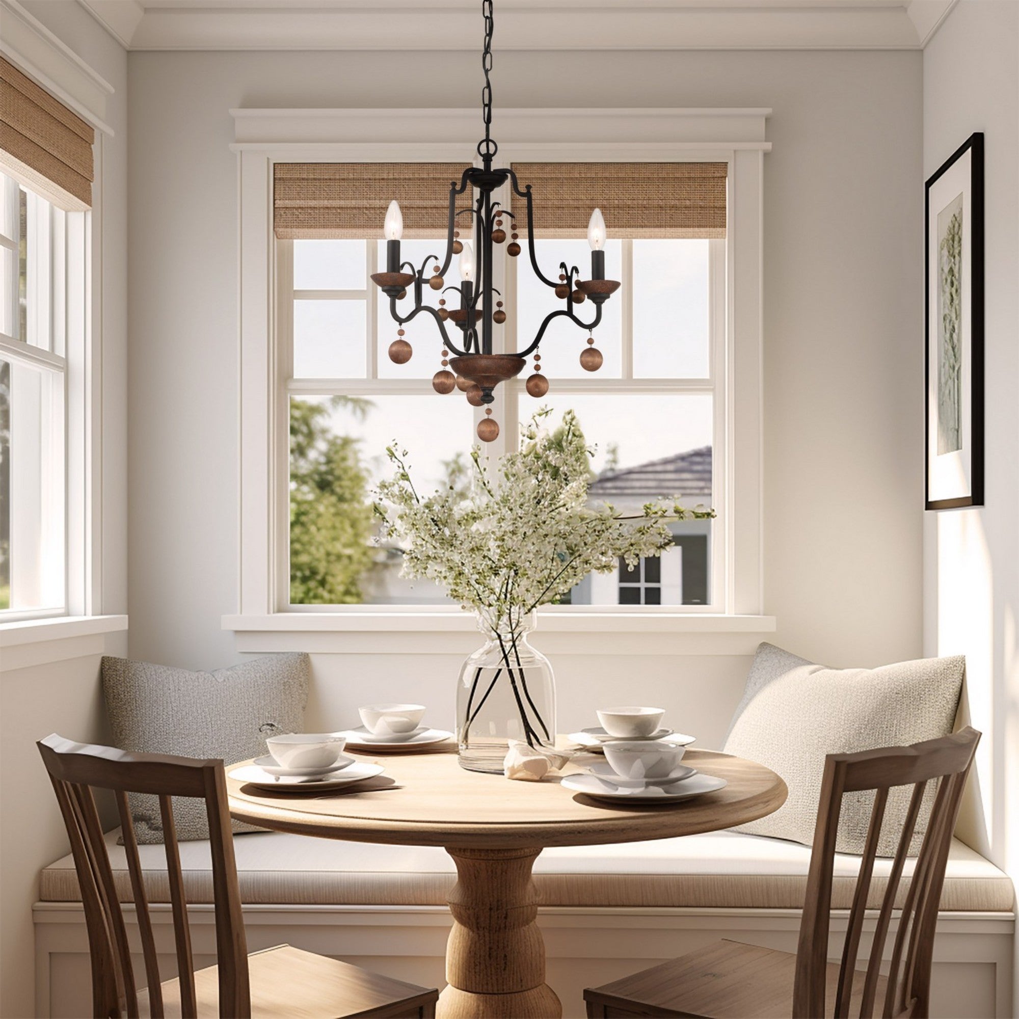 Colonial Charm 21" 3-Light Chandelier, Old World Bronze & Walnut Accents - Bees Lighting