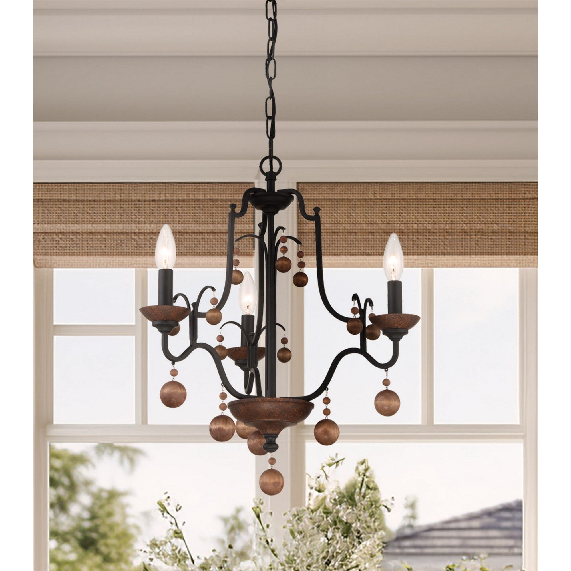 Colonial Charm 21" 3-Light Chandelier, Old World Bronze & Walnut Accents - Bees Lighting