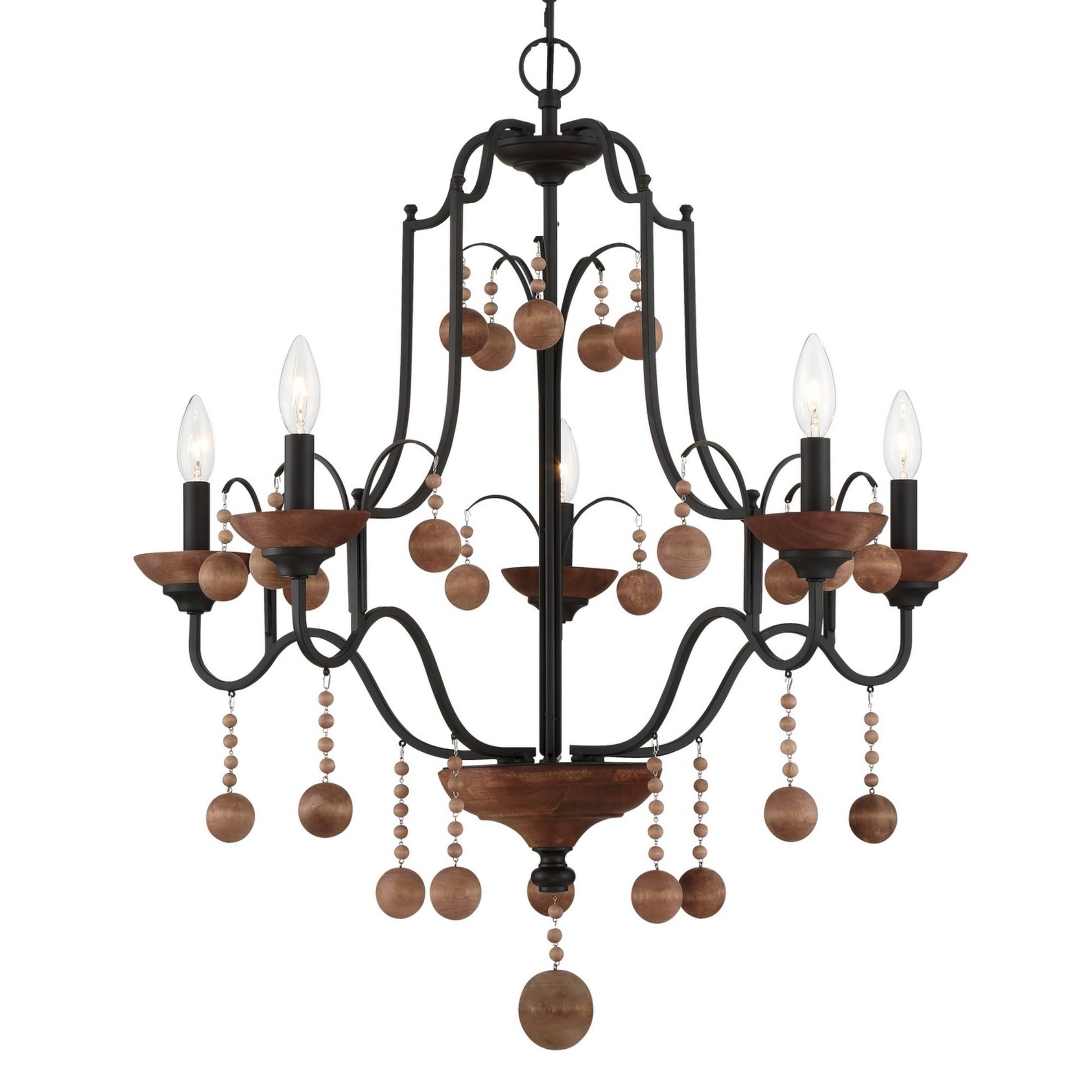 Colonial Charm 32" 5-Light Chandelier, Old World Bronze & Walnut Accents - Bees Lighting