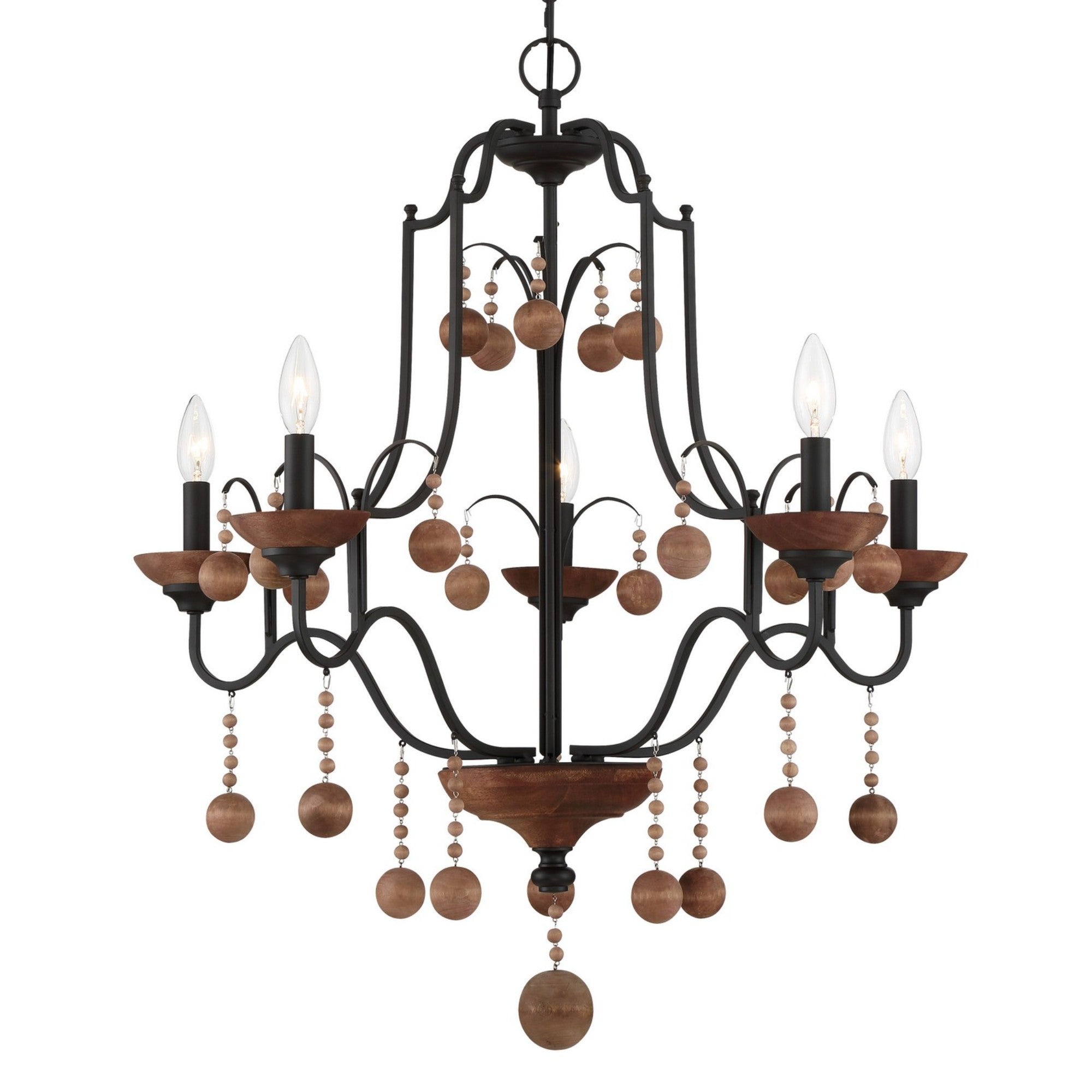 Colonial Charm 32" 5-Light Chandelier, Old World Bronze & Walnut Accents - Bees Lighting