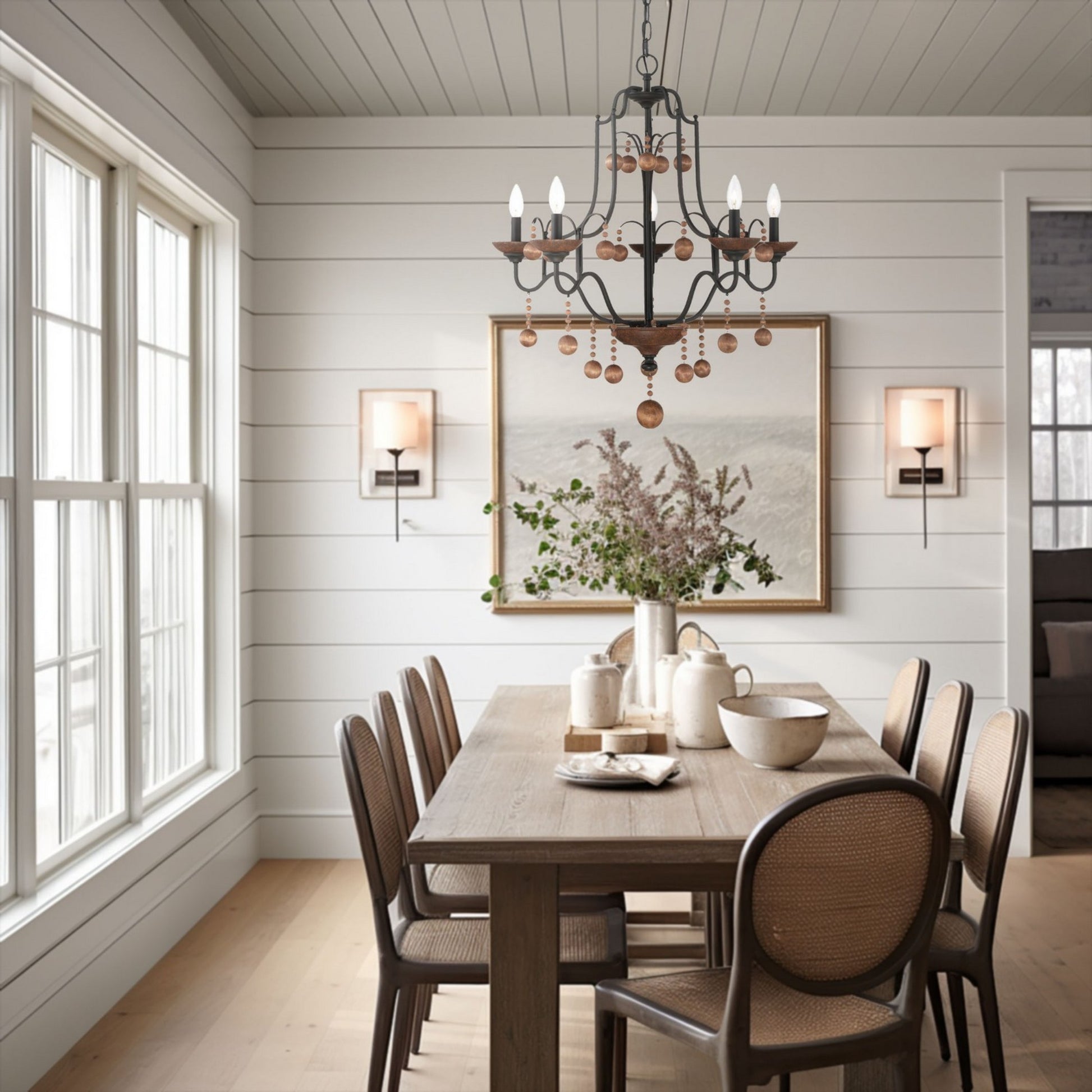 Colonial Charm 32" 5-Light Chandelier, Old World Bronze & Walnut Accents - Bees Lighting