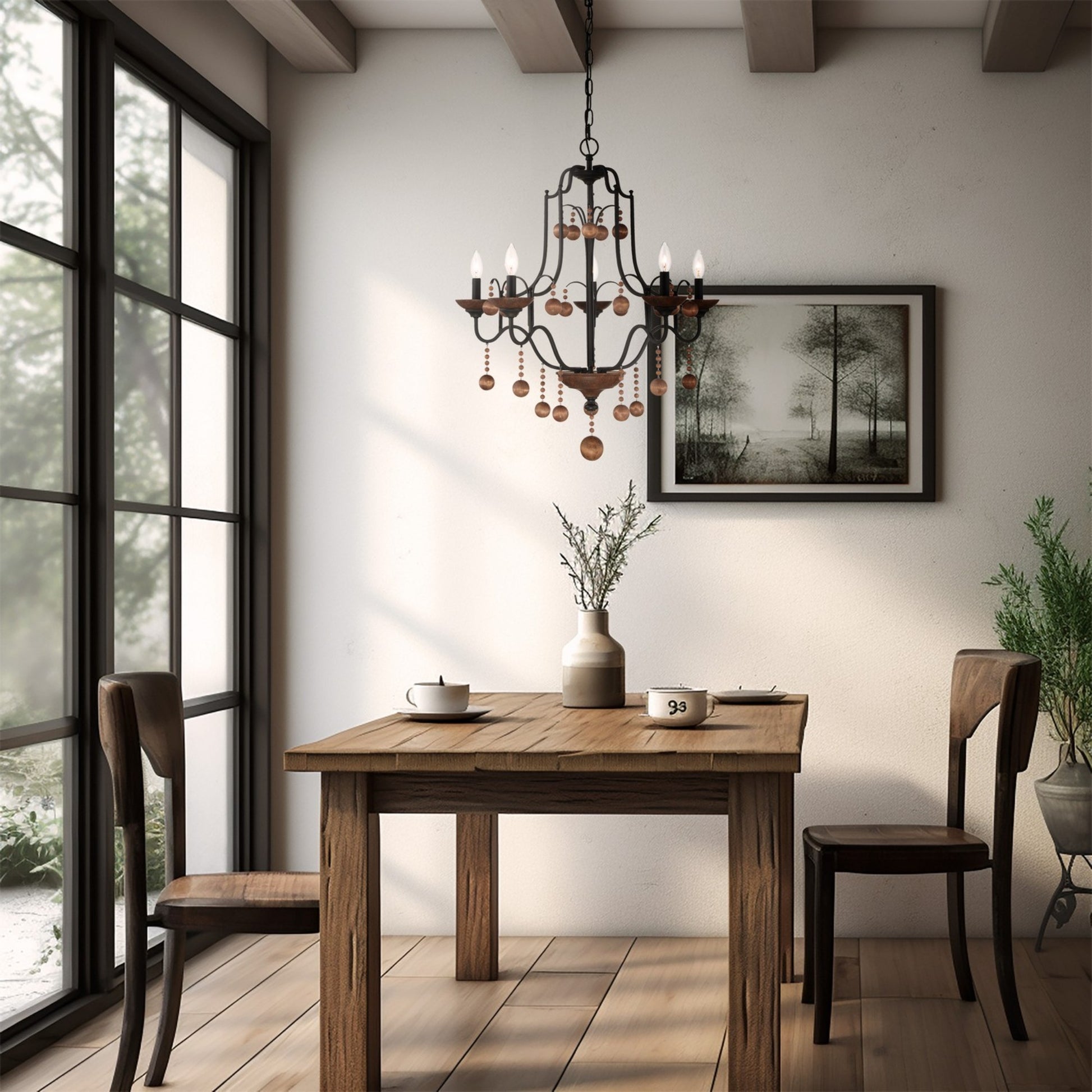 Colonial Charm 32" 5-Light Chandelier, Old World Bronze & Walnut Accents - Bees Lighting