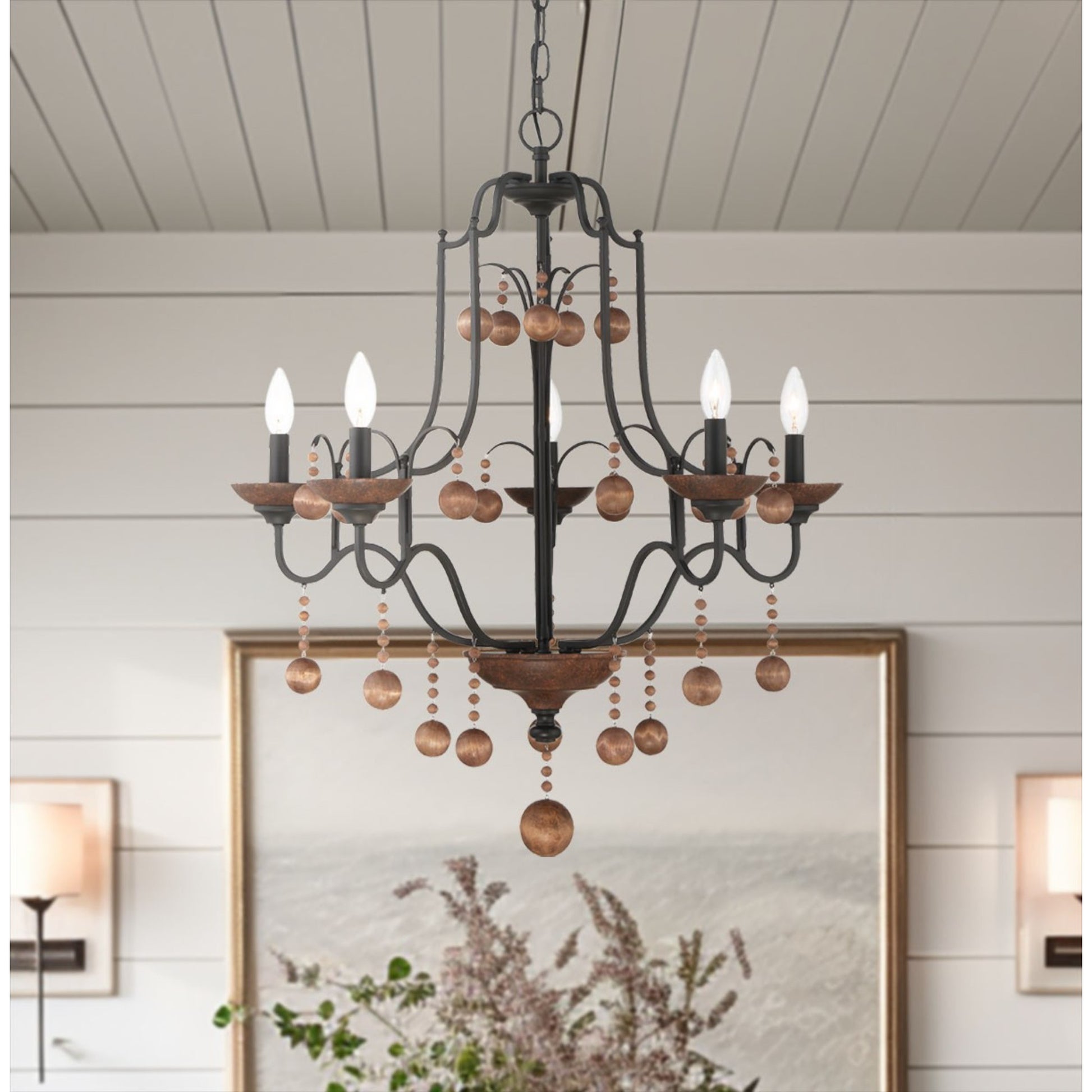 Colonial Charm 32" 5-Light Chandelier, Old World Bronze & Walnut Accents - Bees Lighting