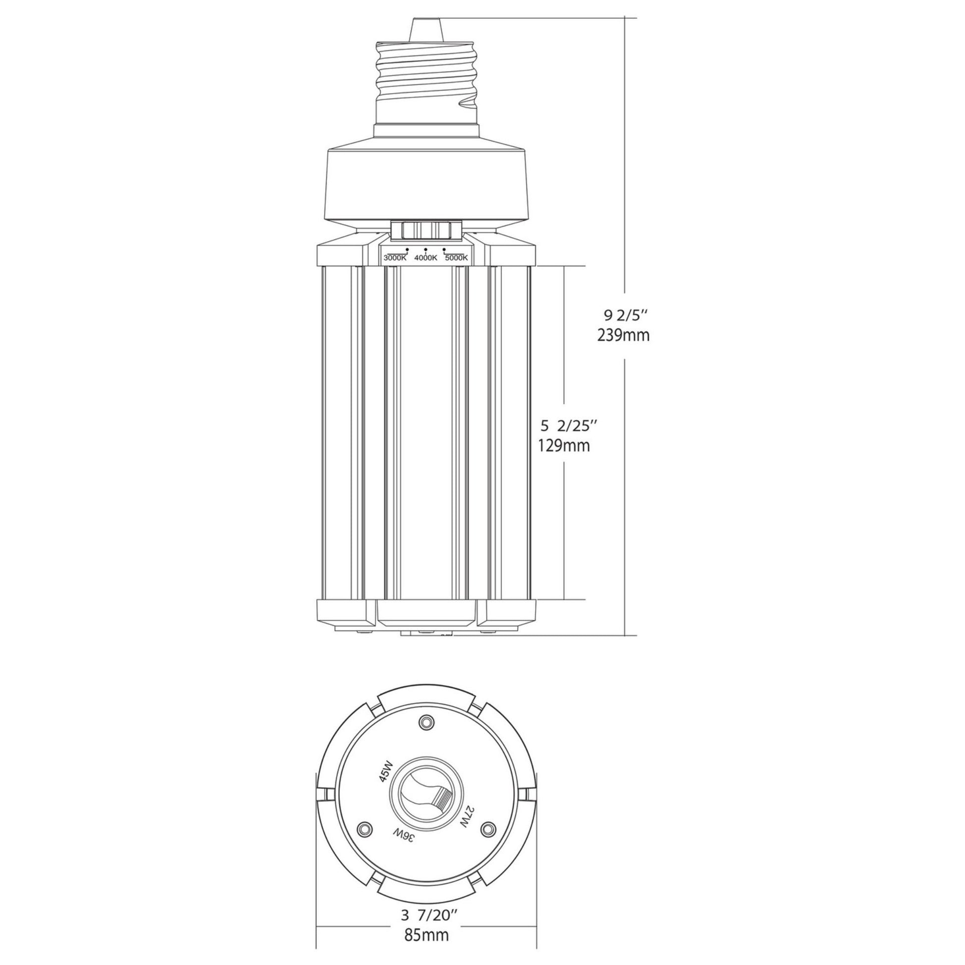 Hi-Pro Retrofit LED Corn Bulb, 27W|36W|45W, 6300lm, 30K|40K|50K, EX39 Mogul, 120-277V - Bees Lighting