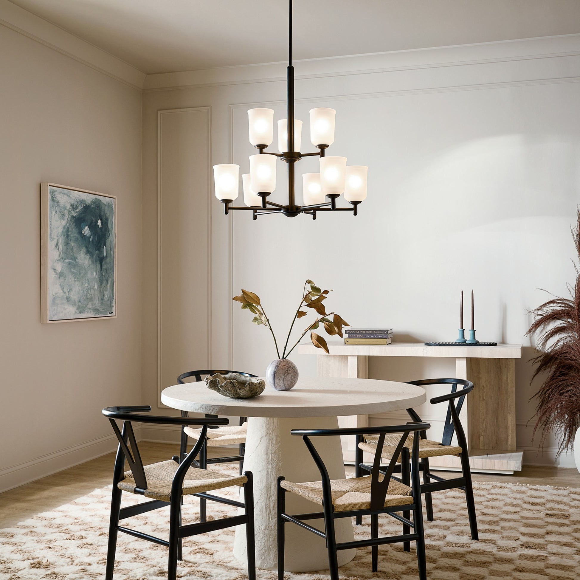 Shailene 27" 9-Light Chandelier, Black Finish, Etched Glass - Bees Lighting