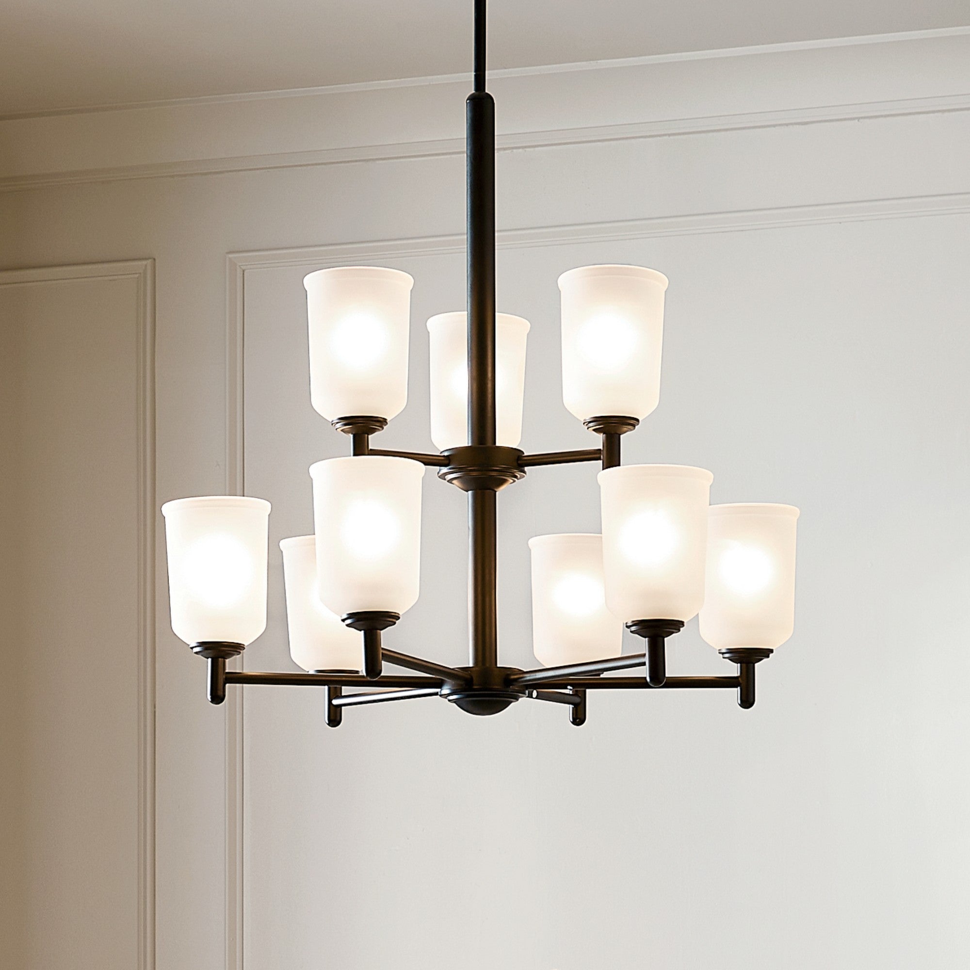 Shailene 27" 9-Light Chandelier, Black Finish, Etched Glass - Bees Lighting