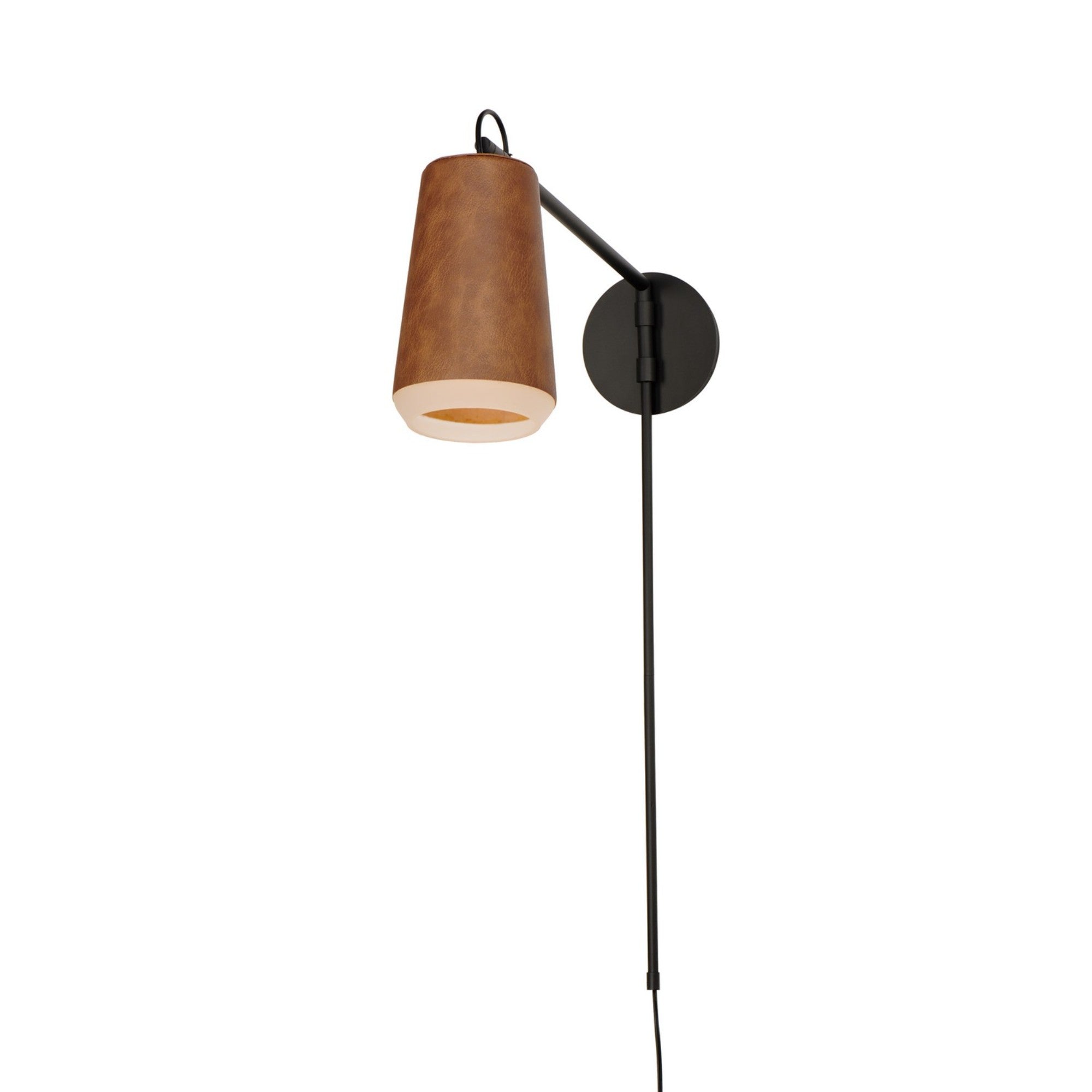 SCOUT 32 in. LED Plug In Swing Arm Wall Sconce Weathered Wood & Tan Leather - Bees Lighting