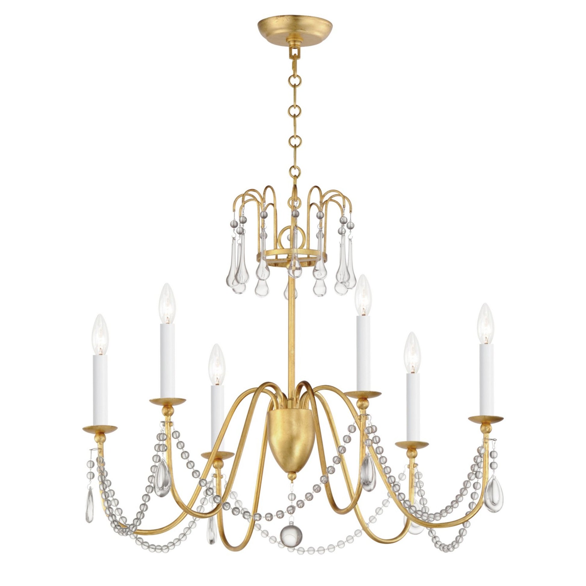 Plumette 28" 6-Light Chandelier, Gold Leaf Finish, W/ Crystal - Bees Lighting