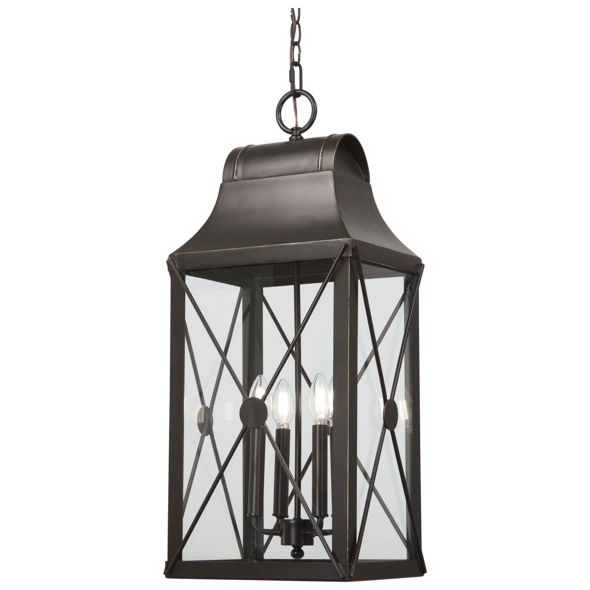 De Luz 29" 4-Light Outdoor Chain Hung, Oil Rubbed Bronze & Gold Highlights - Bees Lighting