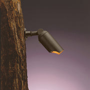 Textured bronze wall-mounted spotlight with adjustable cone head and warm light beam