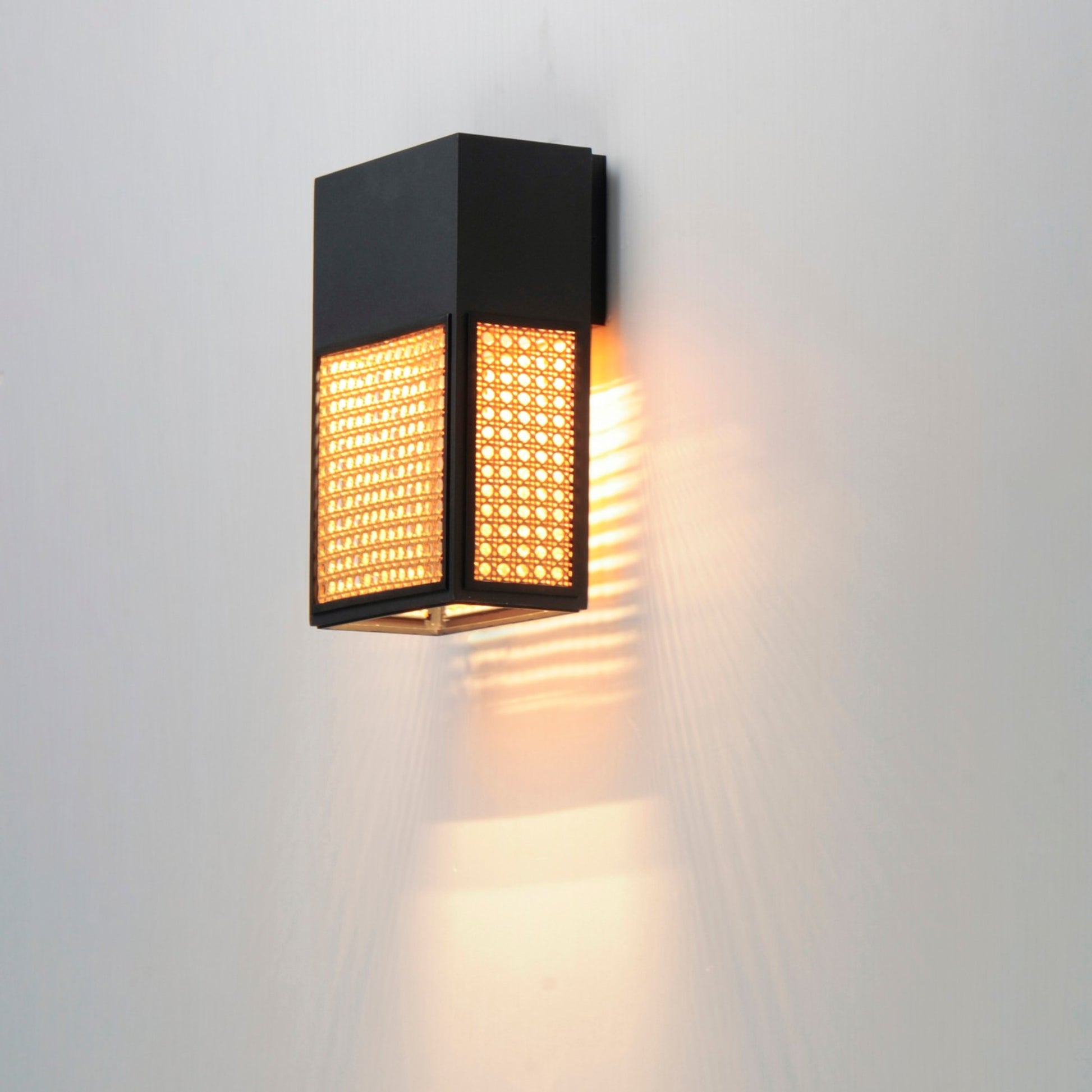 Lattice 12" LED Outdoor Wall Sconce, Black Finish, Natural Rattan - Bees Lighting
