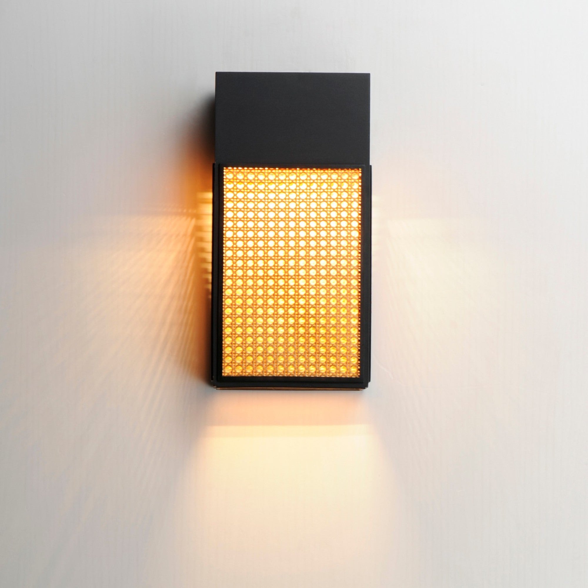Lattice 16" LED Outdoor Wall Sconce, Black Finish, Natural Rattan - Bees Lighting