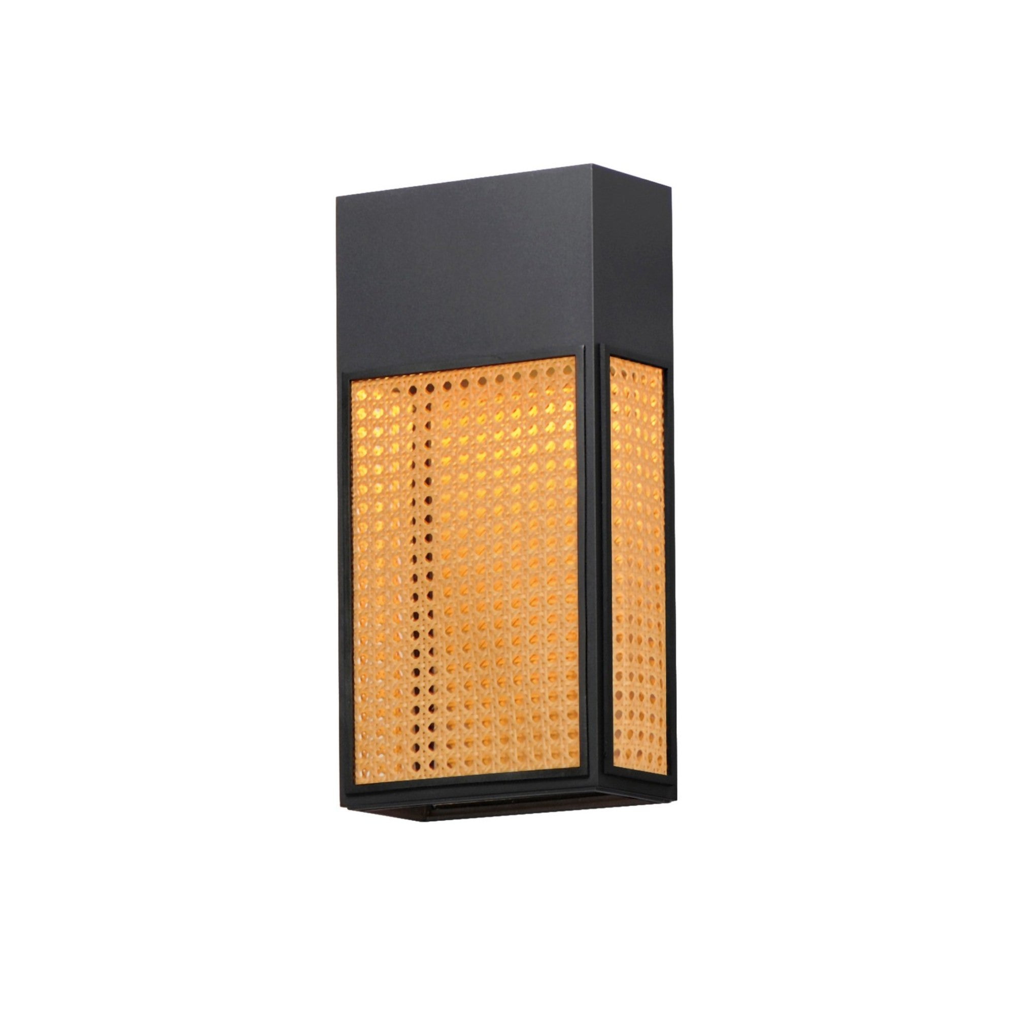 Lattice 16" LED Outdoor Wall Sconce, Black Finish, Natural Rattan - Bees Lighting