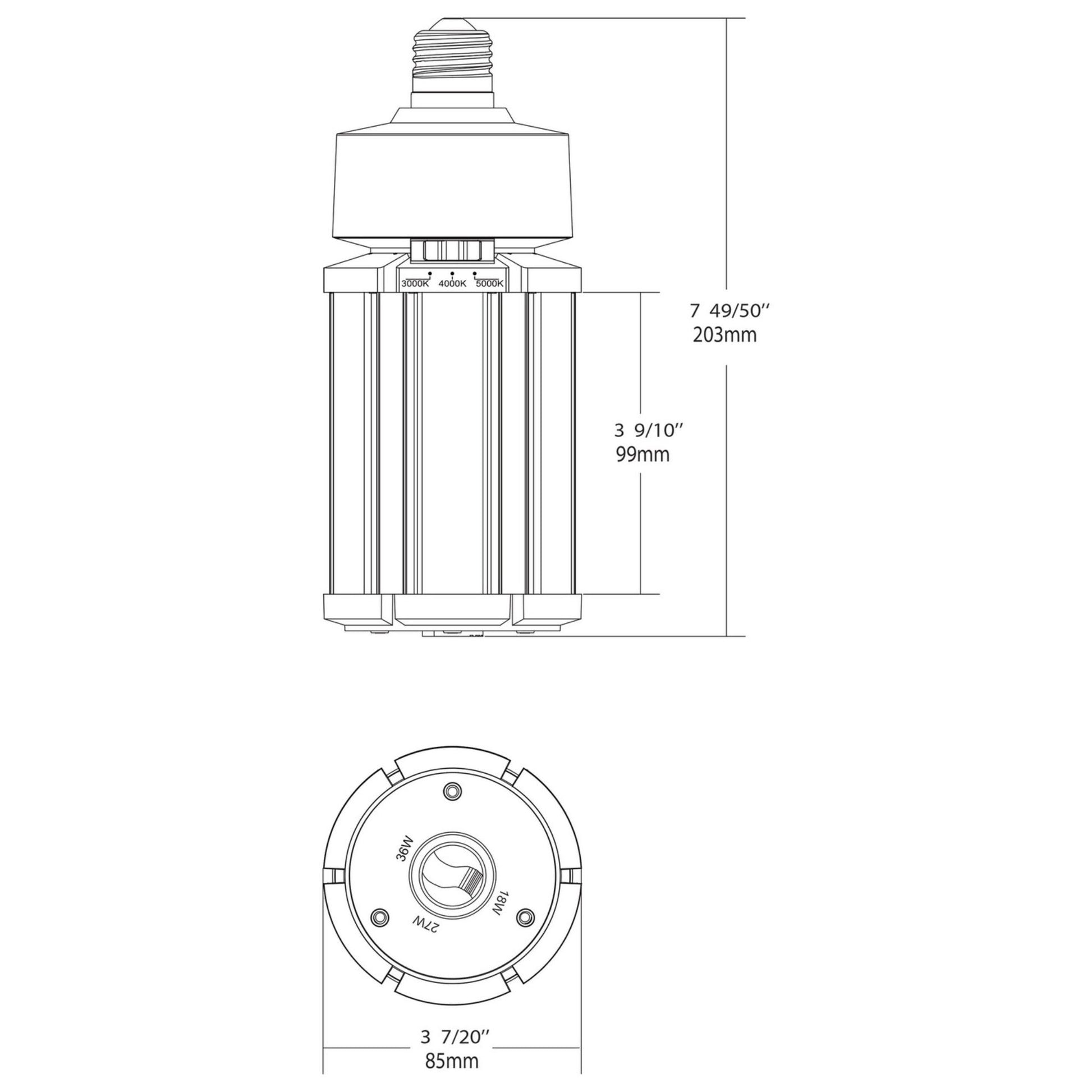 Hi-Pro Retrofit LED Corn Bulb, 18W|27W|36W, 5050lm, 30K|40K|50K, E26 Base, 120-277V - Bees Lighting