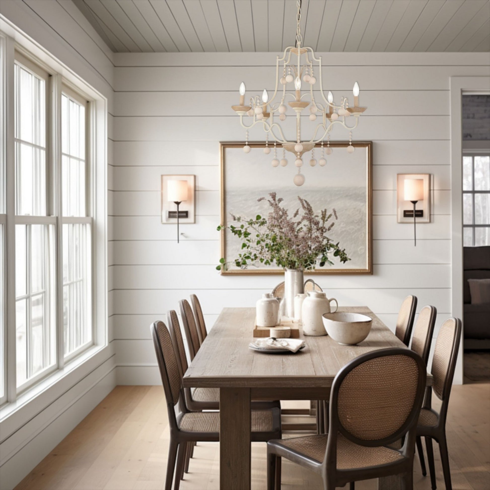 Colonial Charm 32" 5-Light Chandelier, White Wash & Sun Dried Clay Finish - Bees Lighting