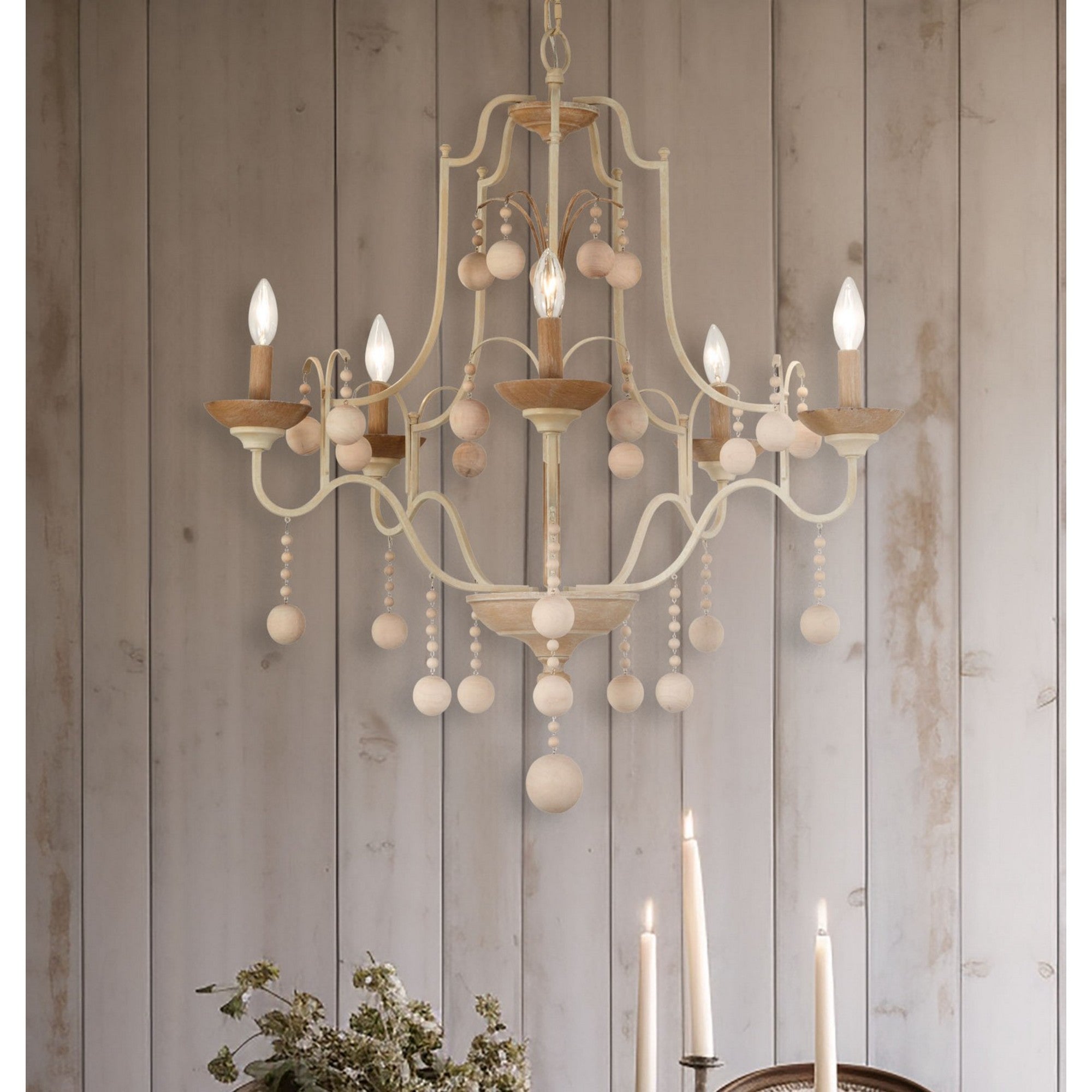 Colonial Charm 32" 5-Light Chandelier, White Wash & Sun Dried Clay Finish - Bees Lighting