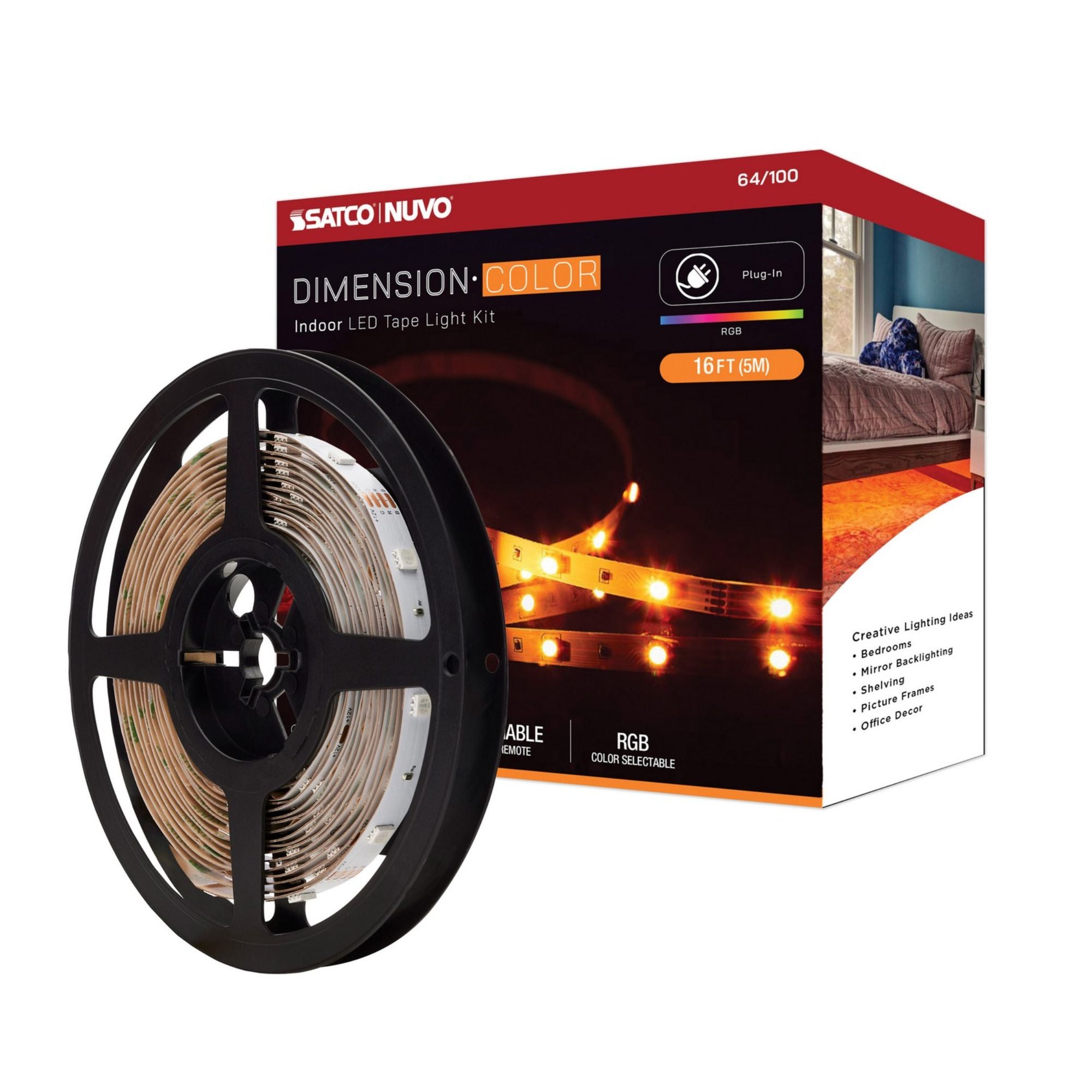 Dimension Color LED Tape Light Kit with Remote, 16Ft Reel, RGB, 12V, Plug Connection - Bees Lighting