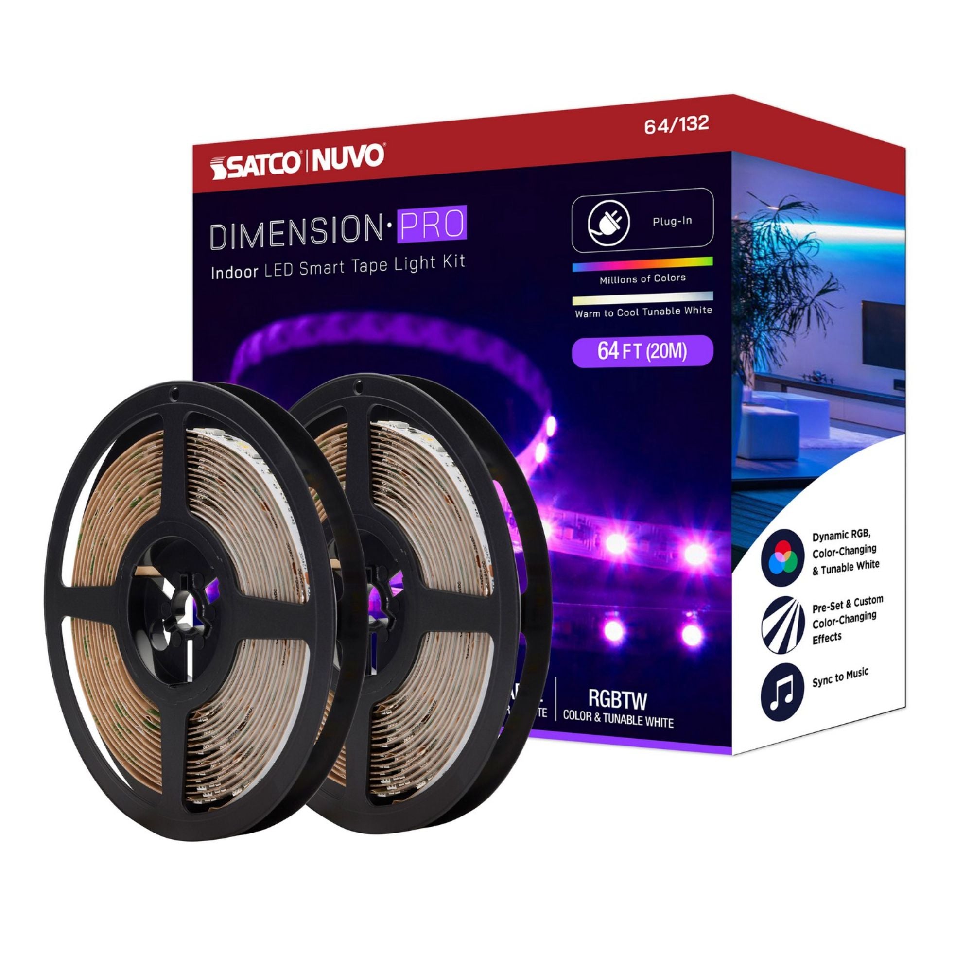 Dimension Pro LED Smart Tape Light Kit, 64Ft Reel, RGB + Tunable White, 24V, Plug Connection