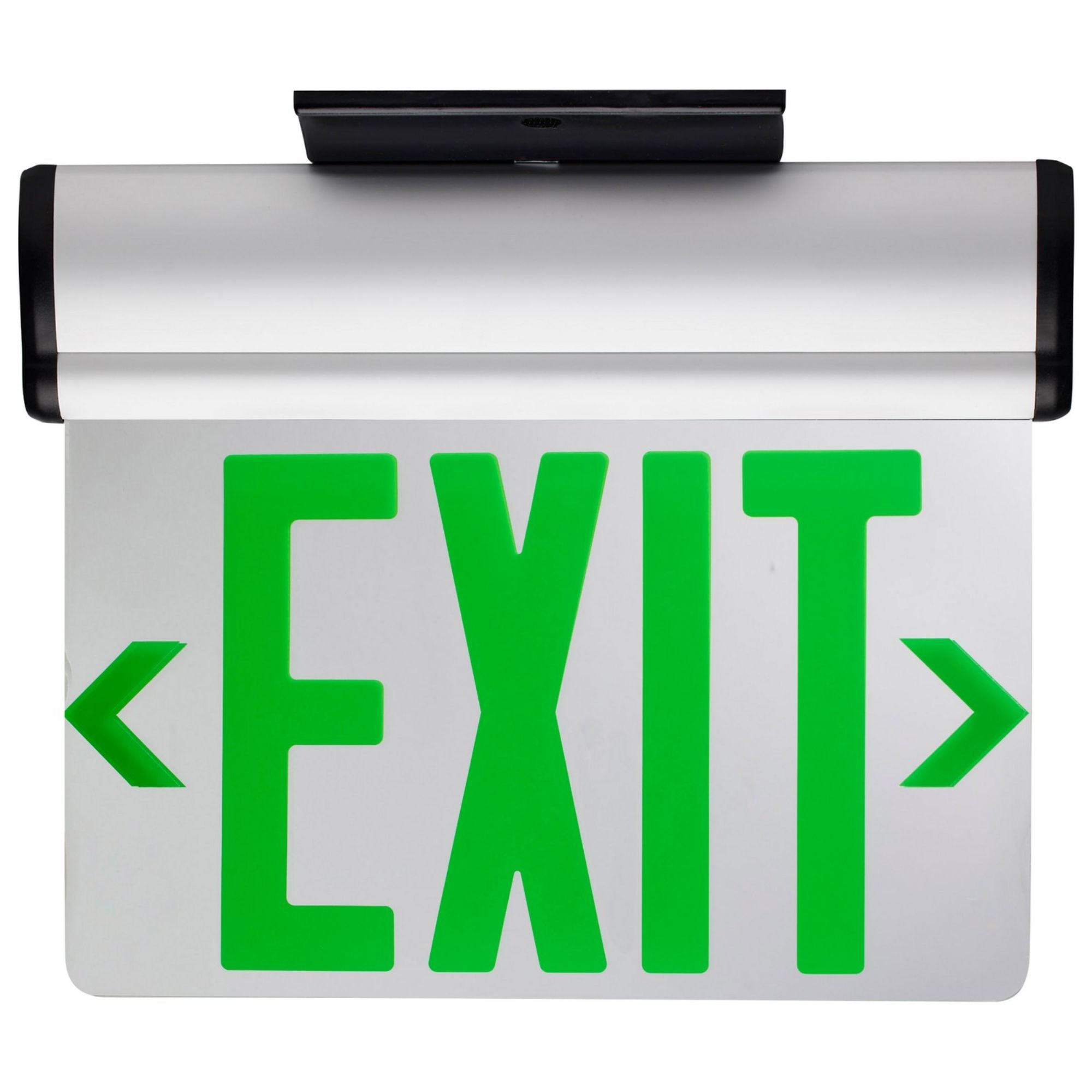 Edge-Lit LED Exit Sign, Mirror Double Face, Green Letters, Brushed Aluminum