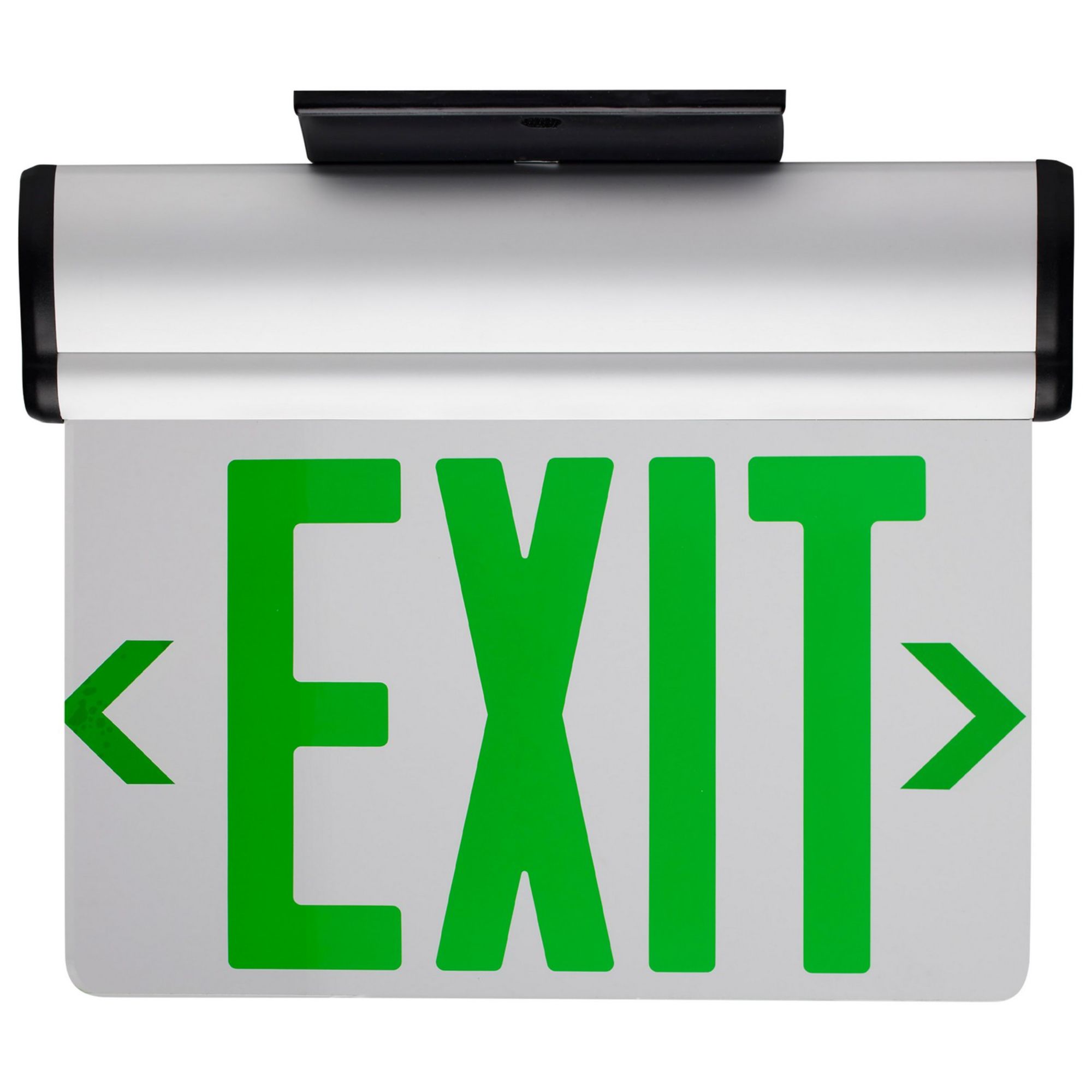 Edge-Lit LED Exit Sign, Clear Face, Green Letters, Brushed Aluminum