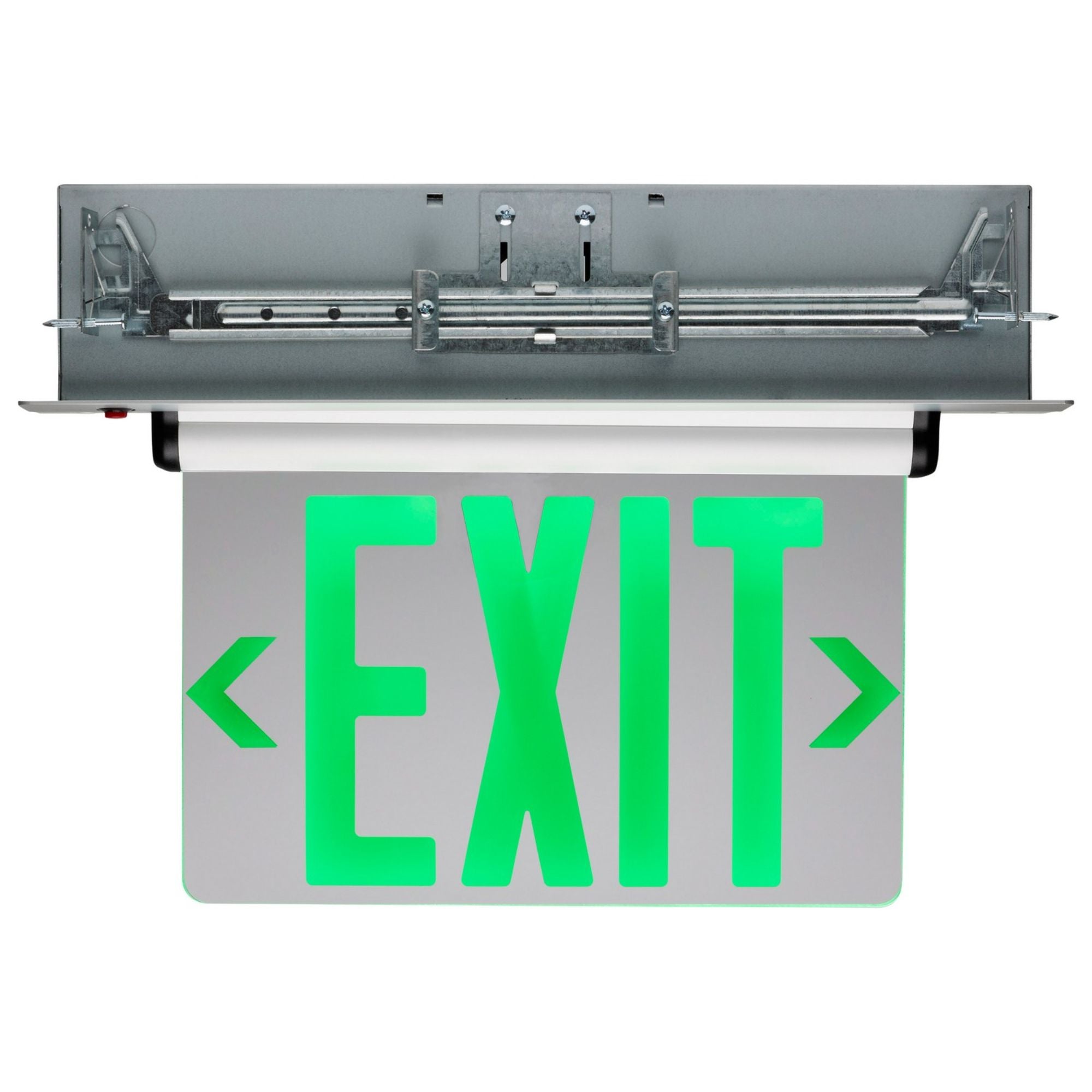 Edge-Lit LED Exit Sign, Double Mirror Face, Green Letters, Recessed Mount