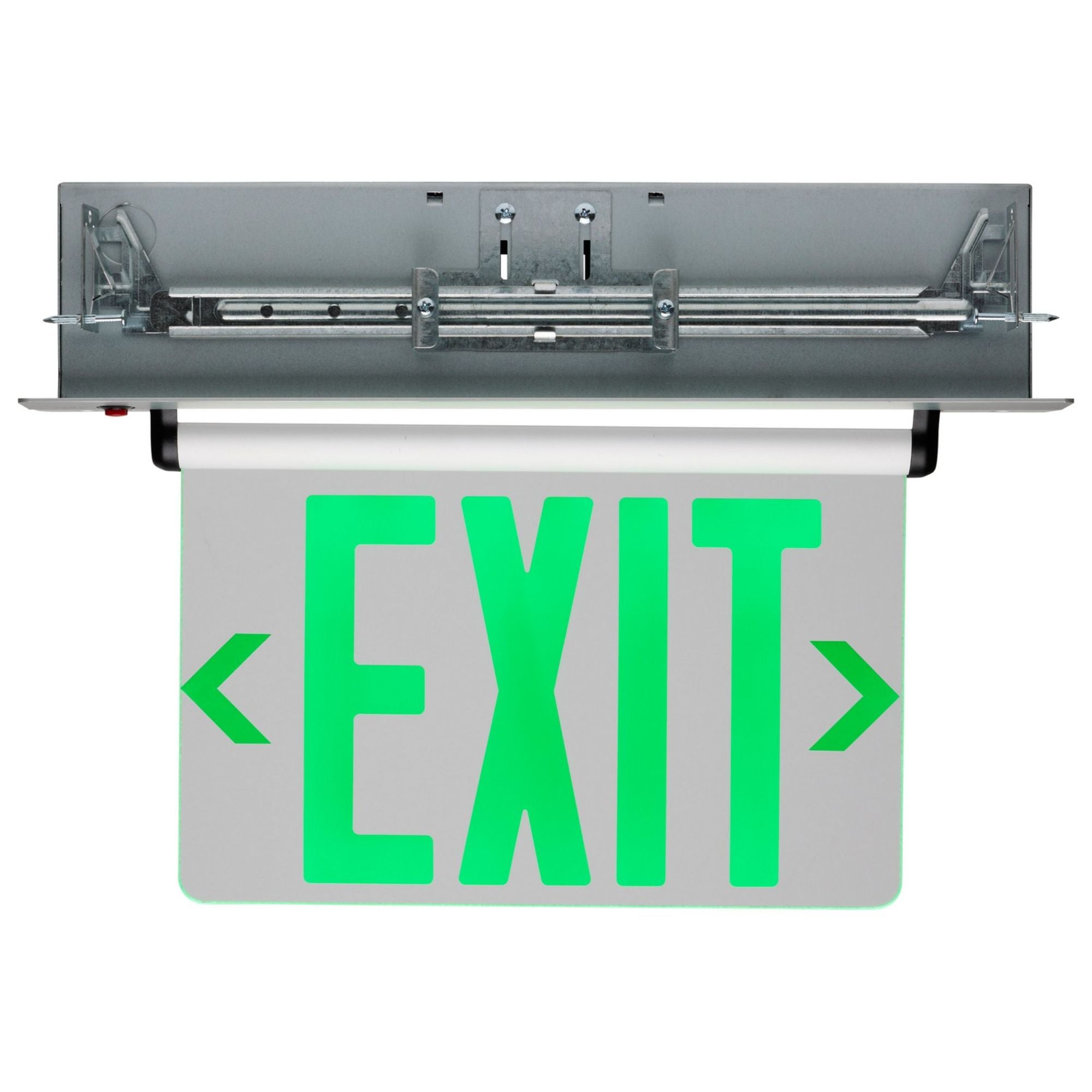 Edge-Lit LED Exit Sign, Clear Face, Green Letters, Recessed Mount