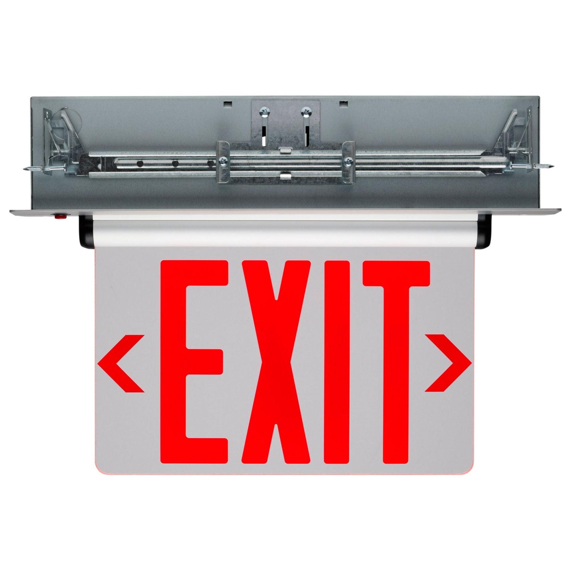 Edge-Lit LED Exit Sign, Double Mirror Face, Red Letters, Recessed Mount