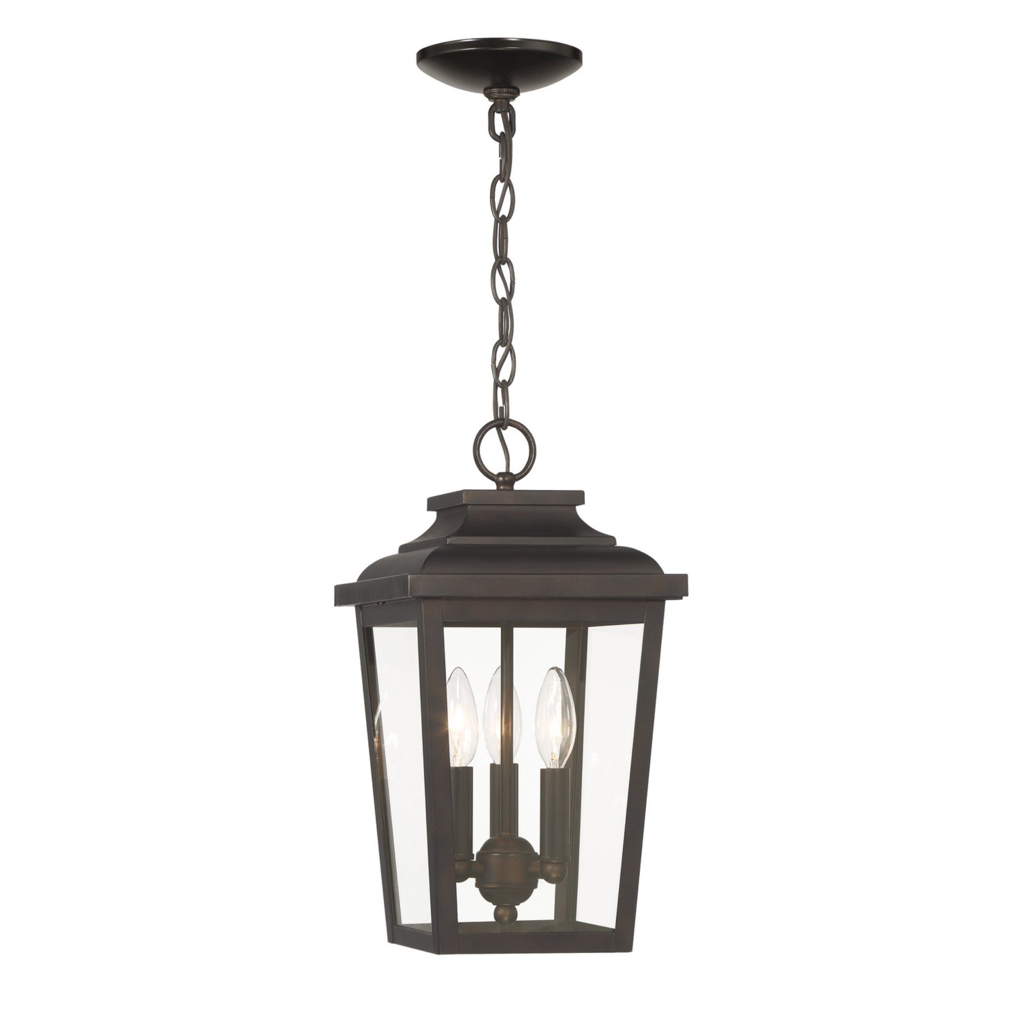 Irvington Manor 16" 3-Light Outdoor Chain Hung with Clear Glass, Chelesa Bronze Finish - Bees Lighting