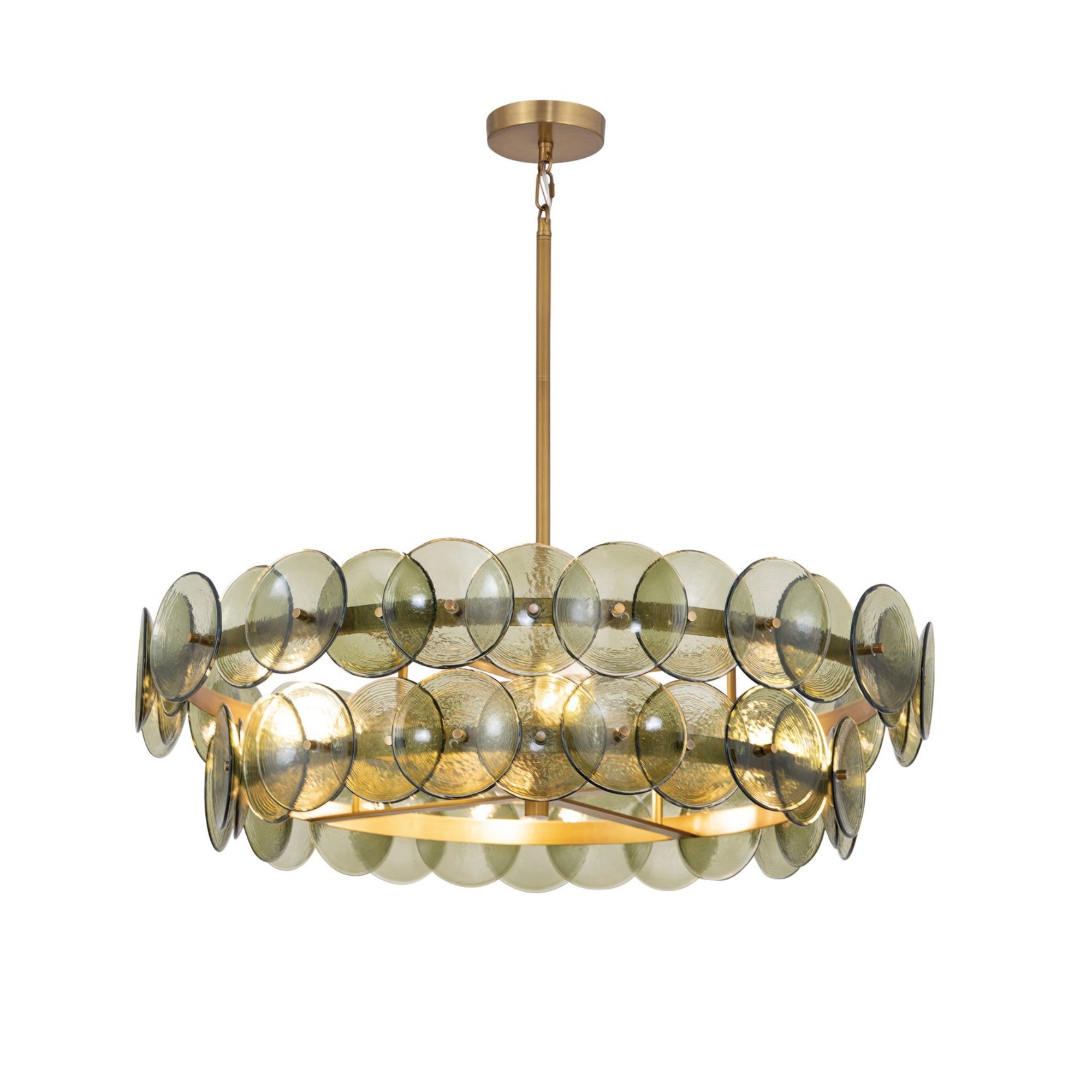 Loren 32" 4-Light Chandelier, Weathered Brass Finish, Green Glass - Bees Lighting