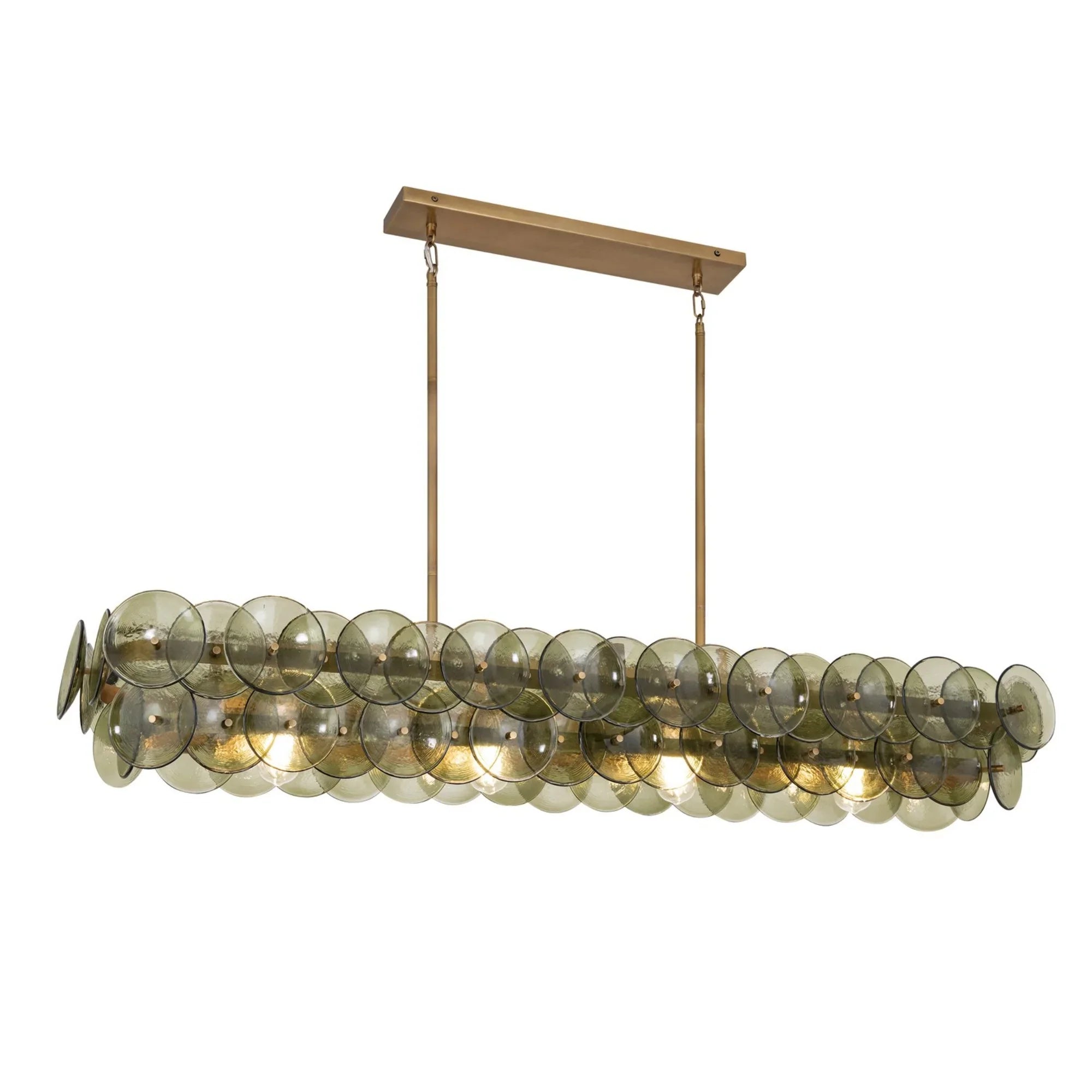 Loren 54" 4-Light Linear Chandelier, Weathered Brass Finish, Green Glass - Bees Lighting