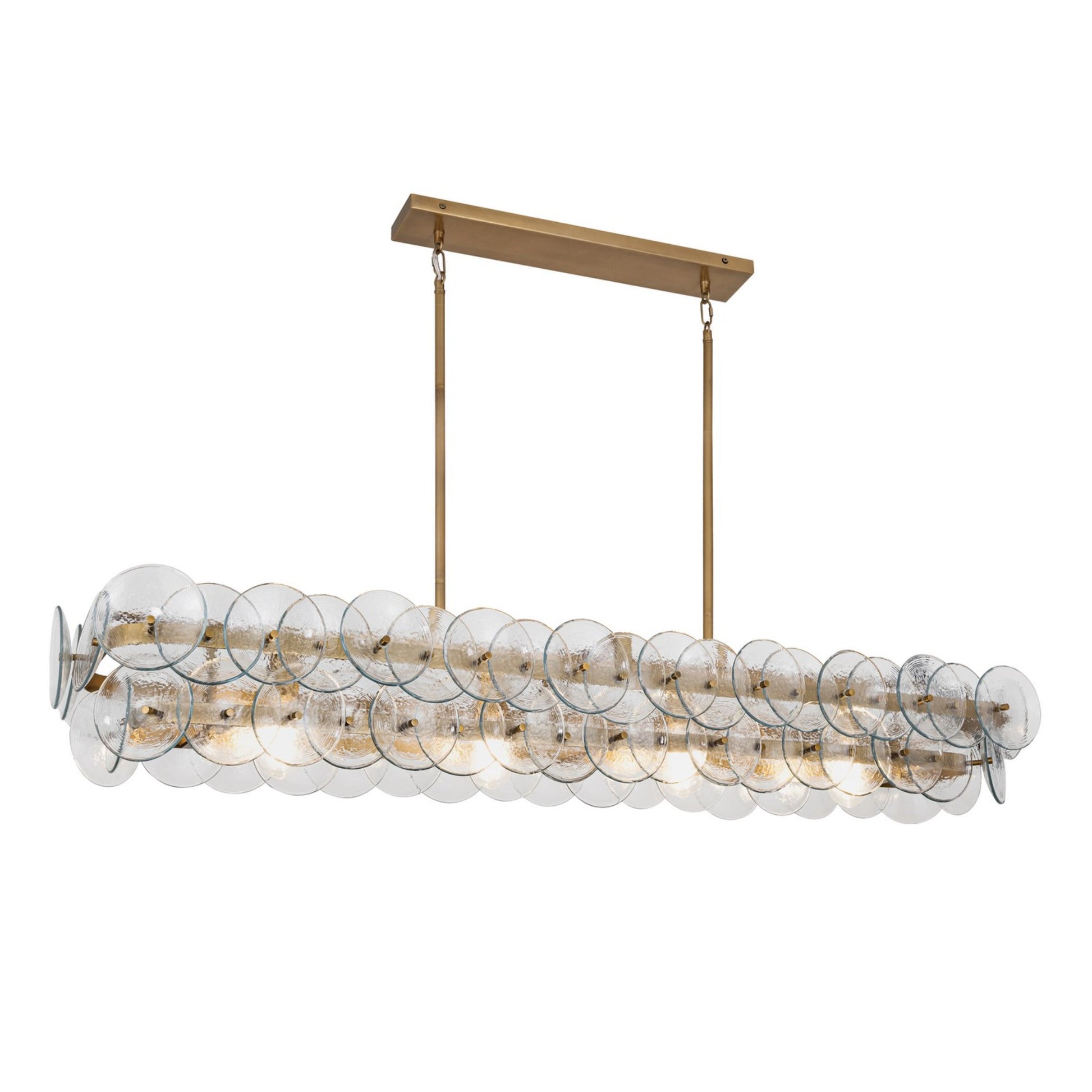 Loren 54" 4-Light Linear Chandelier, Weathered Brass Finish, Textured Glass - Bees Lighting