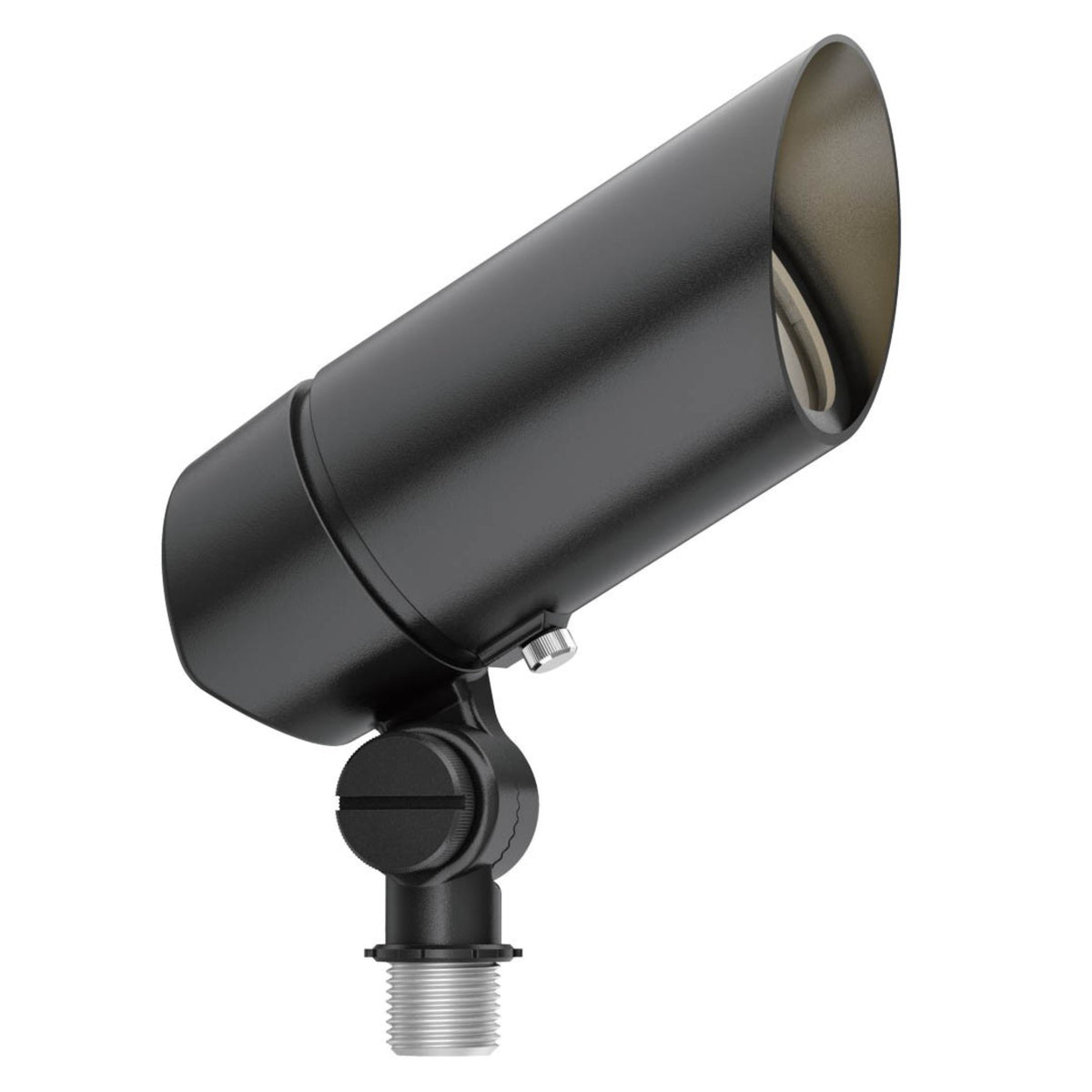 Black textured landscape LED accent light with angled cylindrical housing and mounting adapter