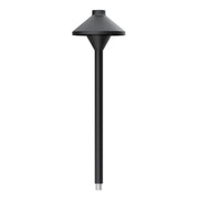 Black textured metal path light with flared top shade and tall cylindrical post