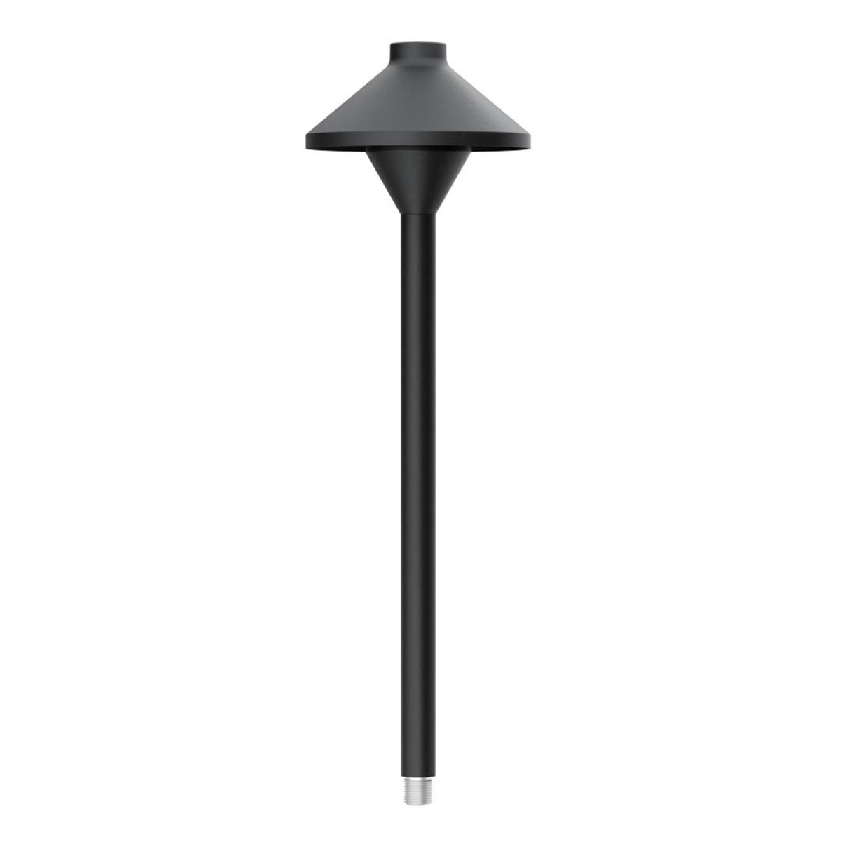 Black textured metal path light with flared top shade and tall cylindrical post