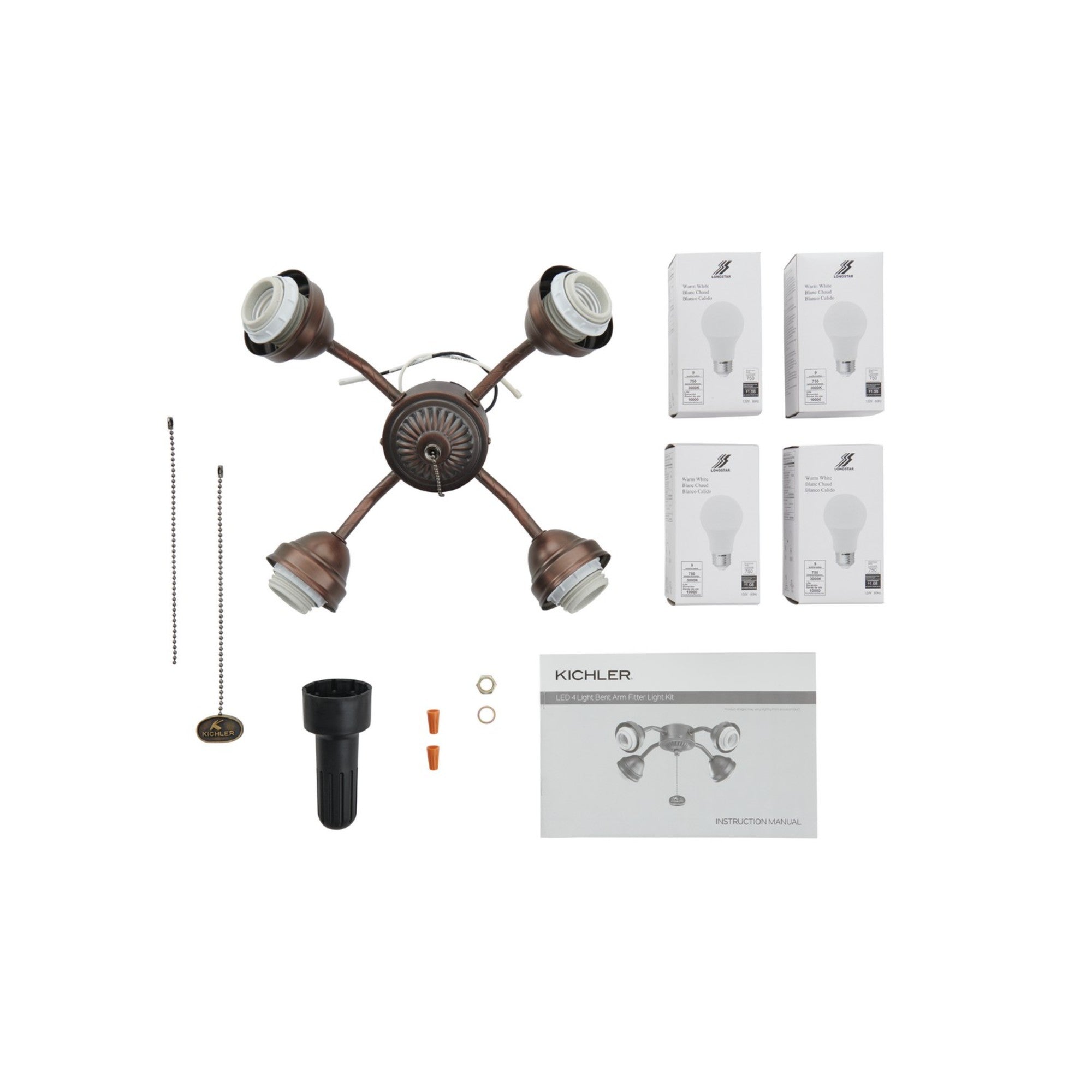 Kichler 13 In. 4 LED Lights Bent Arm Fitter Ceiling Fan Light Kit - Bees Lighting