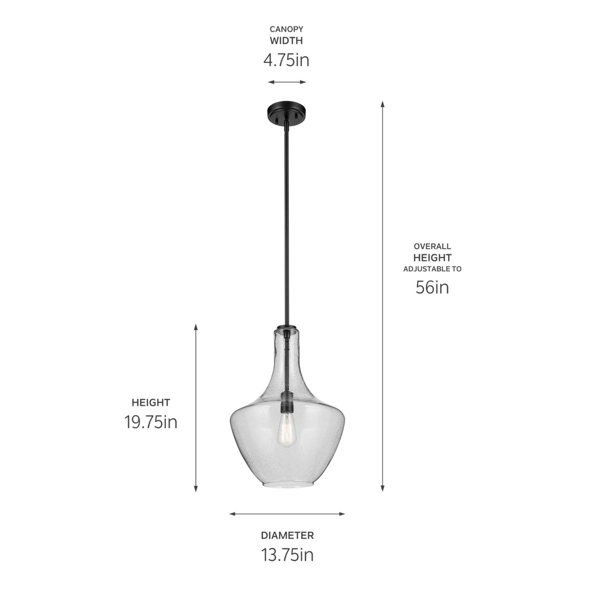 Everly 20" 1-Light Bell Pendant Light with Clear Seeded Glass, Black Finish - Bees Lighting