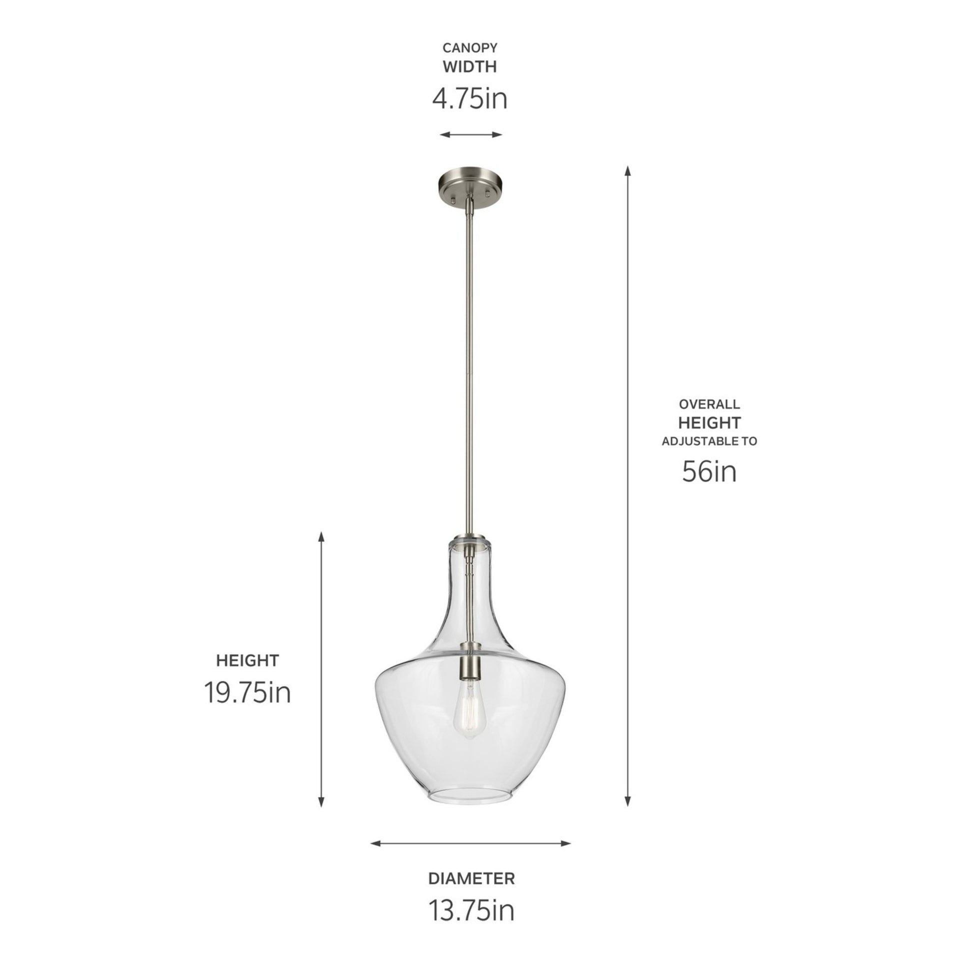Everly 14" Bell Pendant, Brushed Nickel Finish, Clear Glass - Bees Lighting